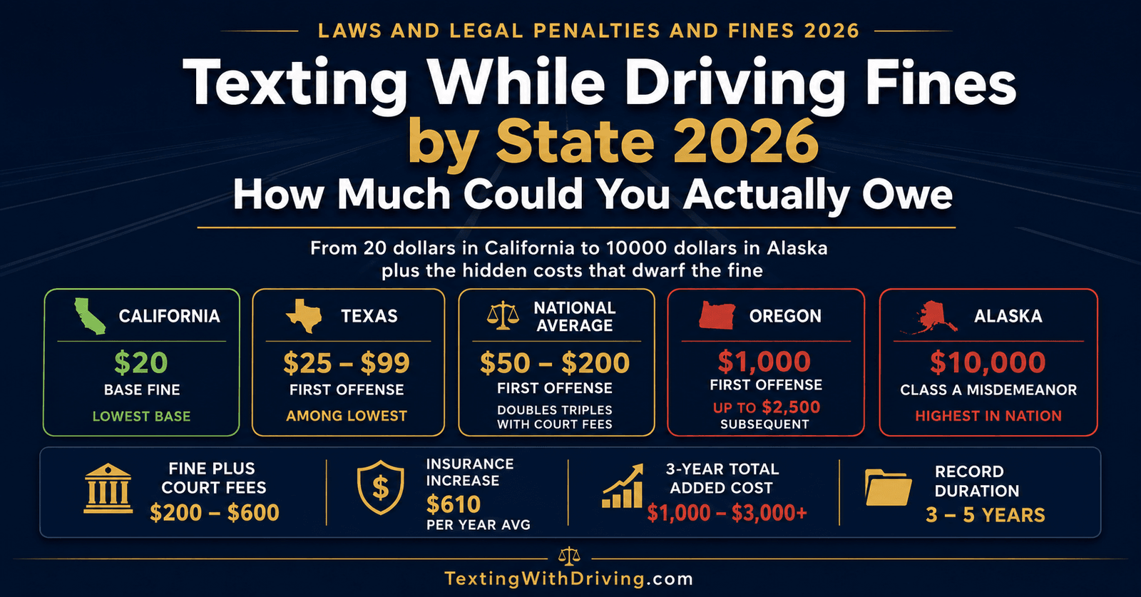 Texting While Driving Fines by State 2026: How Much Could You Actually Owe? 1 Texting while driving fines by state 2026 showing California 20 dollars base fine Texas 25 to 99 dollars national average 50 to 200 dollars Oregon 1000 dollars and Alaska 10000 dollars with total 3-year cost breakdown