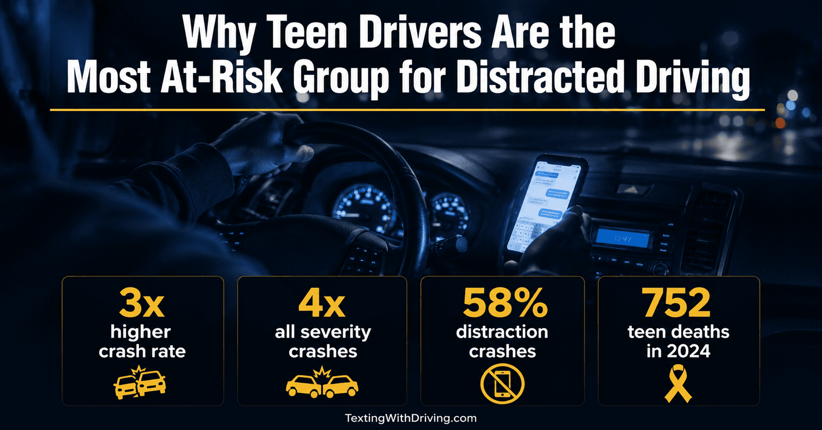 Why Teen Drivers Are the Most At-Risk Group for Distracted Driving in America 1 Teen drivers distracted driving statistics 2026 showing crash rates four times higher than adults and distraction involved in 58 percent of teen crashes