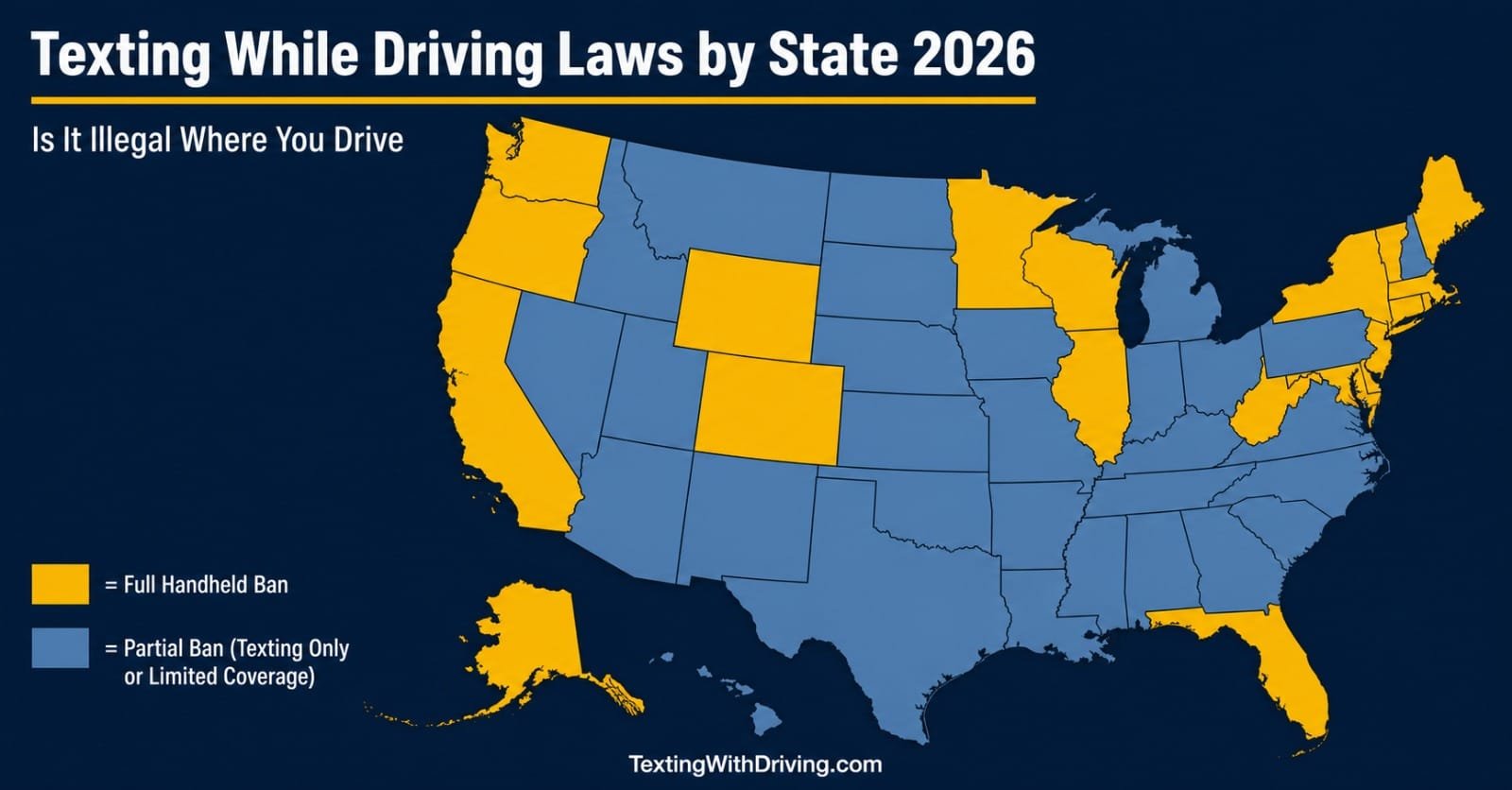 Is Texting While Driving Illegal in Every State? The Complete 2026 Law Guide 1 Texting while driving laws by state 2026 guide showing USA map with state law status in navy and gold colors