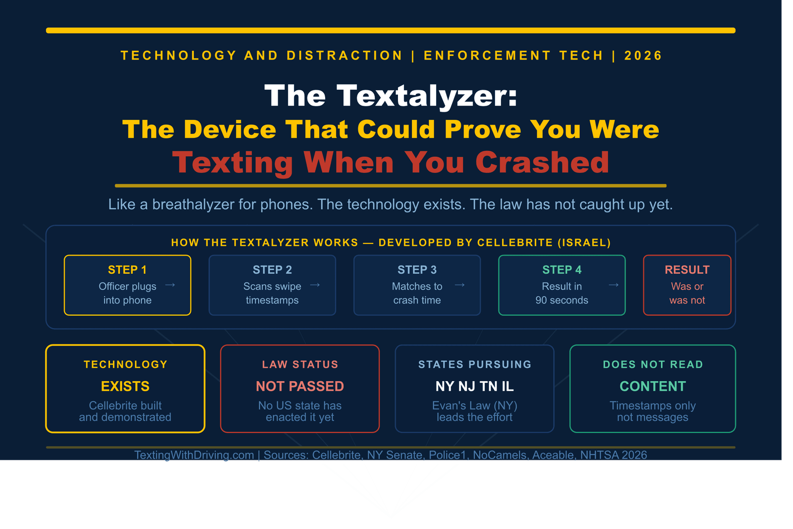 The Textalyzer: The Device That Could Prove You Were Texting When You Crashed 1 The Textalyzer device showing five step process from officer plugs into phone to scanning swipe timestamps to matching crash time to 90 second result with law status not passed in any US state yet and states pursuing New York New Jersey Tennessee Illinois