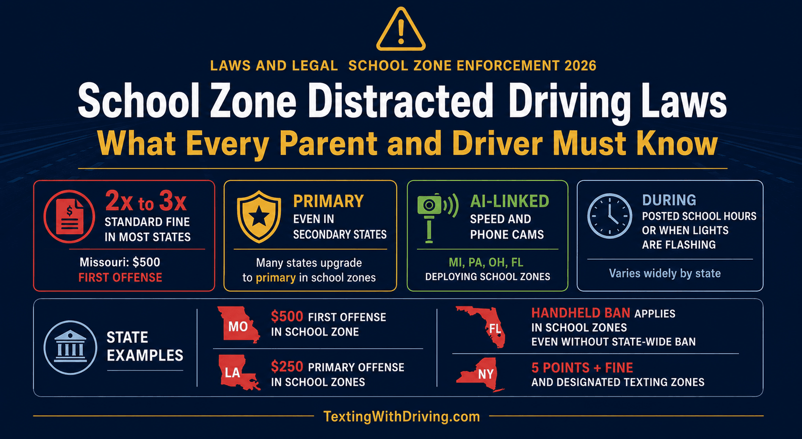 School Zone Distracted Driving Laws: What Every Parent and Driver Must Know 1 School zone distracted driving laws showing fines of 2 to 3 times standard rate primary enforcement even in secondary states AI-linked camera technology in Michigan Pennsylvania Ohio and Florida and state examples including Missouri 500 dollars Louisiana 250 dollars Florida handheld ban and New York 5 points