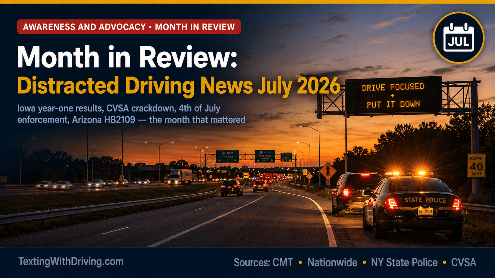 Month in Review: The Most Important Distracted Driving News from July 2026 1 Distracted driving news July 2026 highway enforcement scene at dusk showing Iowa year-one results CVSA Operation Safe Driver Week Fourth of July enforcement and Arizona HB2109 new fines all covered in monthly review