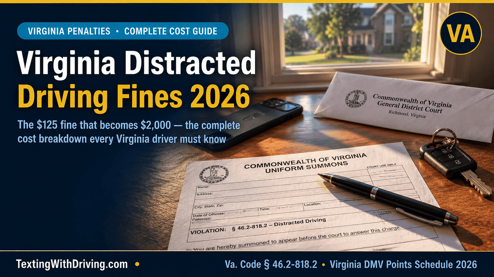 Virginia Distracted Driving Fines 2026: What a Ticket Really Costs You 1 Virginia distracted driving fines 2026 traffic citation desk showing 125 dollar first offense becoming 189 with court fees plus 250 mandatory work zone fine and 3 DMV demerit points with insurance rate increase over 3 years total cost up to 2000 dollars