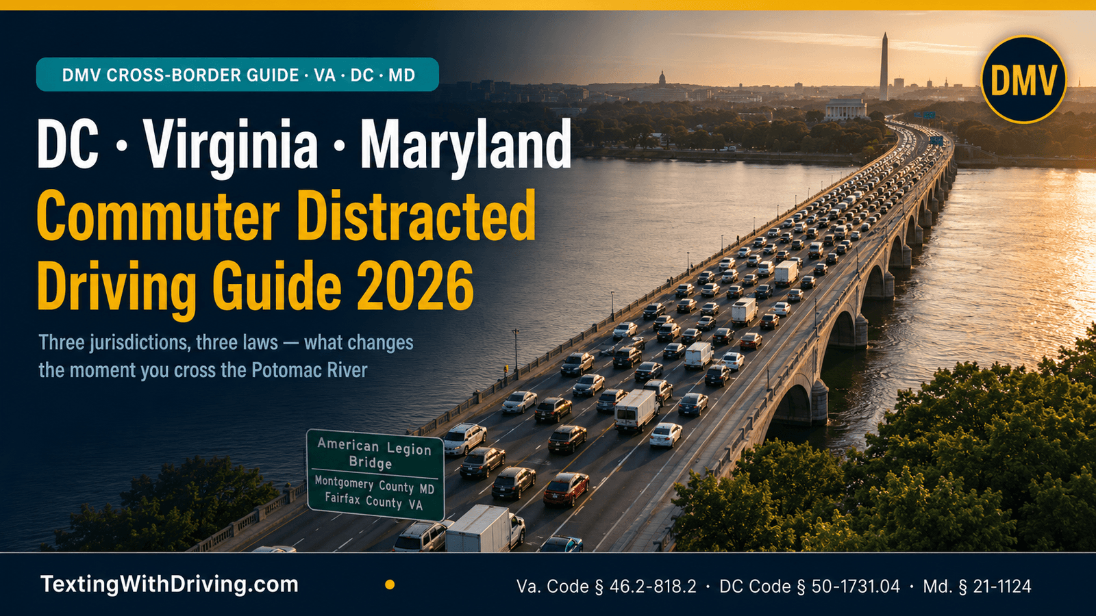 DC to Virginia Maryland Commuter Guide: Distracted Driving Laws Across the State Line 1 DC Virginia Maryland commuter distracted driving laws 2026 aerial view American Legion Bridge over Potomac River showing law changes from Virginia to DC to Maryland at each crossing with STEER Act targeting Virginia and Maryland drivers who ignore DC traffic fines