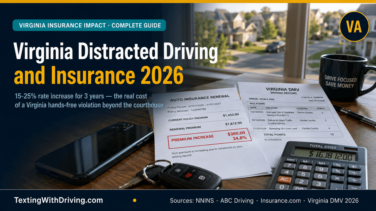 Virginia Distracted Driving and Insurance 2026: What a Ticket Really Costs You for 3 Years 1 Virginia distracted driving insurance rate increase 2026 desk with renewal statement showing premium increase beside DMV driving record and calculator showing 15 to 25 percent rate hike for 3 years total cost of Virginia hands-free violation beyond courthouse fine