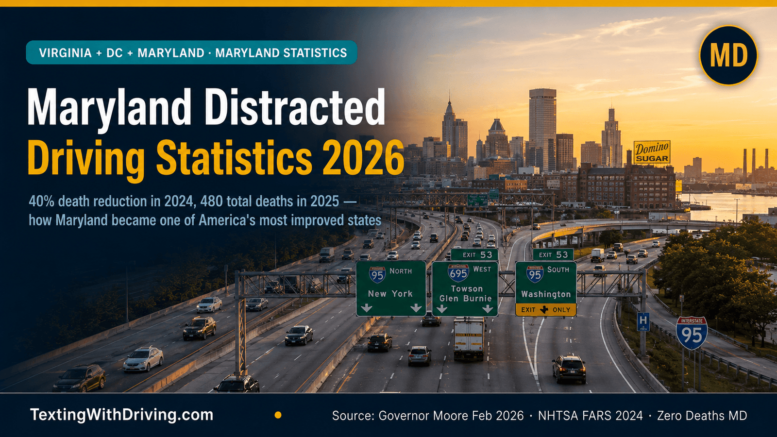 Maryland Distracted Driving Statistics 2026: The 40% Death Reduction Story and What It Means 1 Maryland distracted driving statistics 2026 Baltimore I-95 at sunrise showing 40 percent death reduction in 2024 total traffic deaths 480 in 2025 decade low with Prince George's and Baltimore County as highest crash concentration areas from Zero Deaths Maryland and NHTSA data
