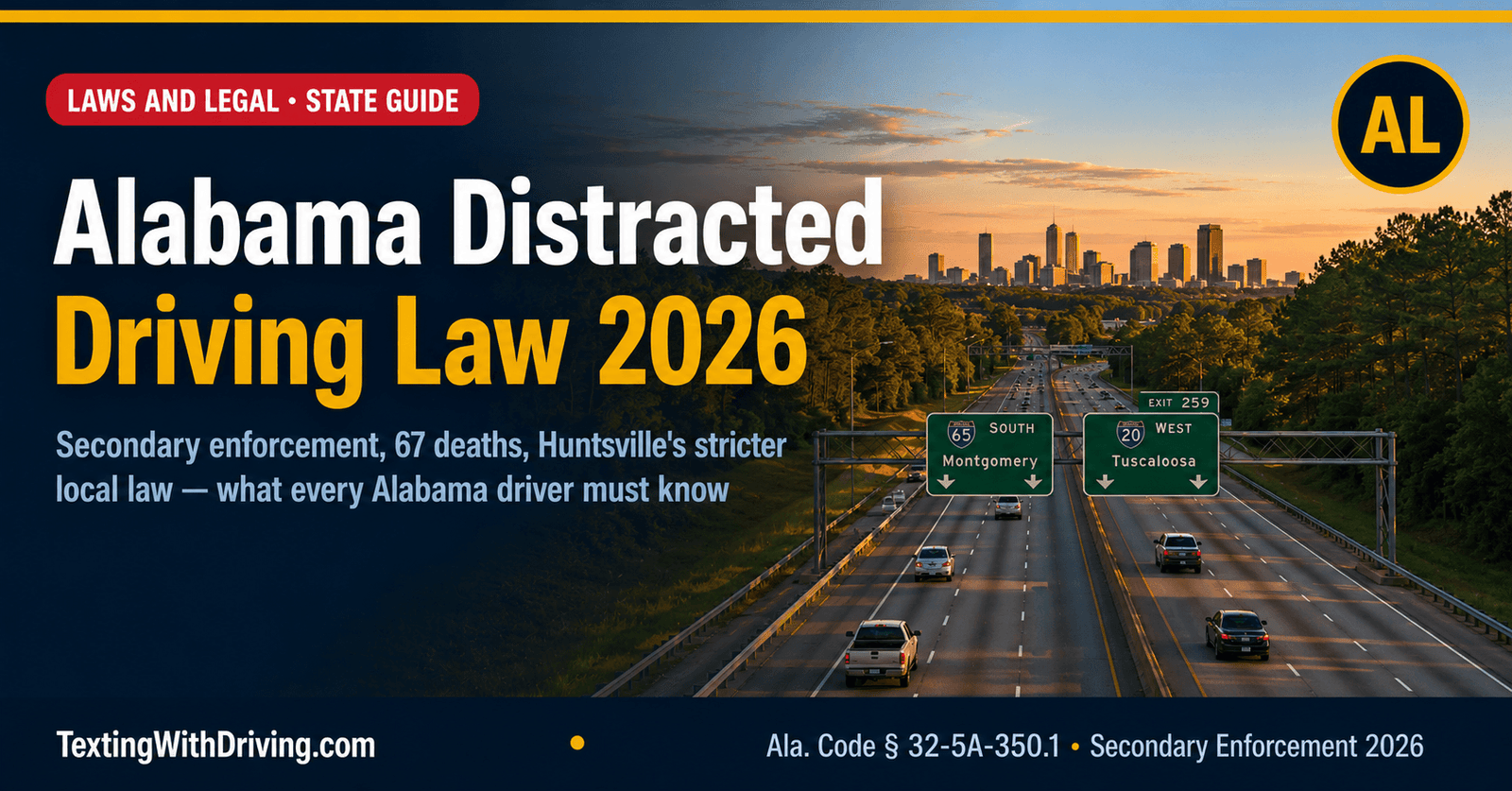 Alabama Distracted Driving Law 2026: Secondary Enforcement, 67 Deaths and What Every Driver Must Know 1 Alabama distracted driving law 2026 Birmingham interstate at golden hour showing Alabama Code 32-5A-350.1 secondary enforcement hands-free law 67 deaths in 2022 Huntsville primary enforcement ordinance and 50 dollar first offense fine