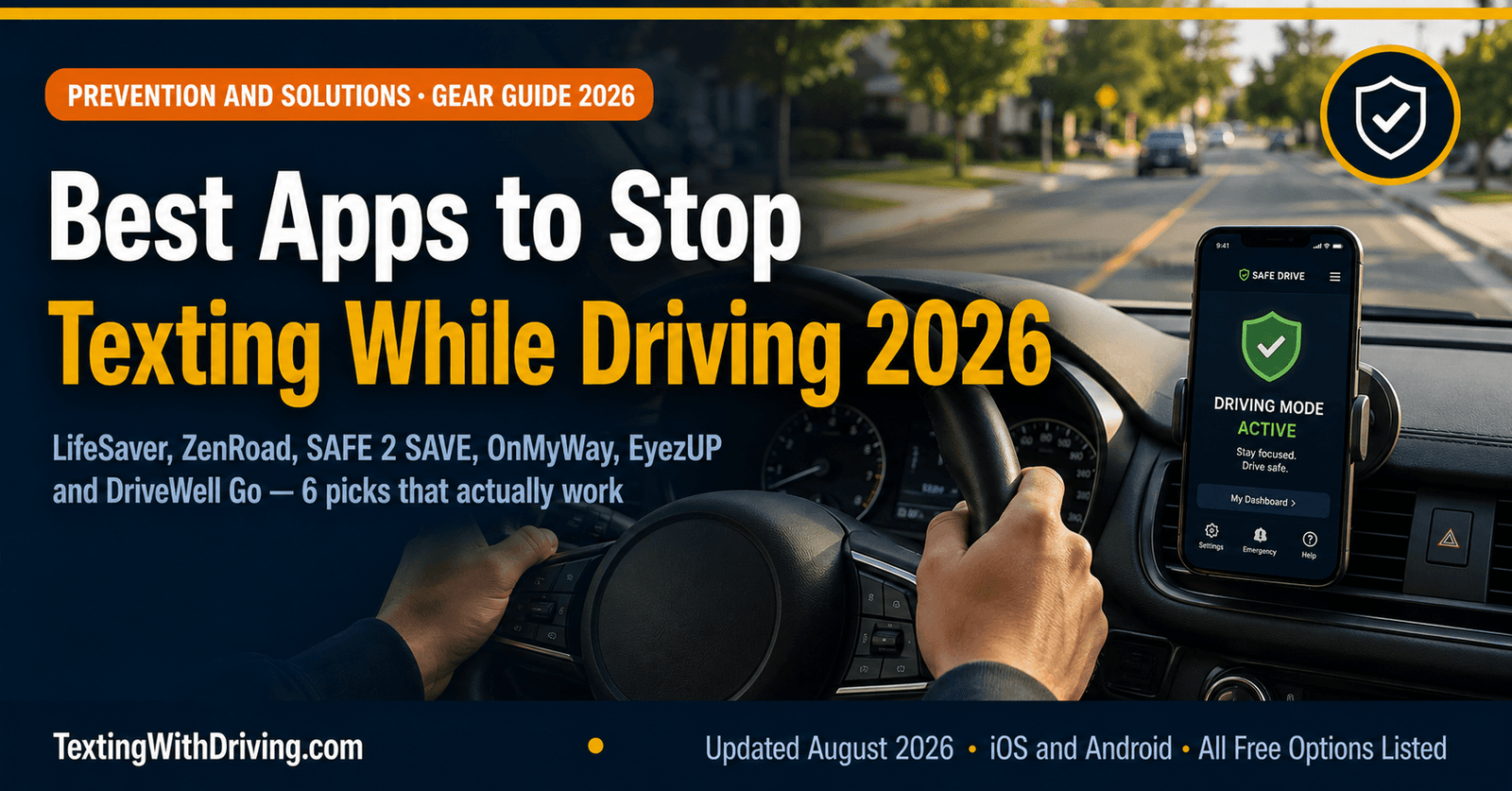 Best Apps to Stop Texting While Driving 2026: Updated Picks That Actually Work 1 Best apps to stop texting while driving 2026 showing safe driving app active on dashboard mount with driving mode enabled reviewing LifeSaver ZenRoad SAFE 2 SAVE OnMyWay EyezUP and DriveWell Go for drivers parents and fleet managers