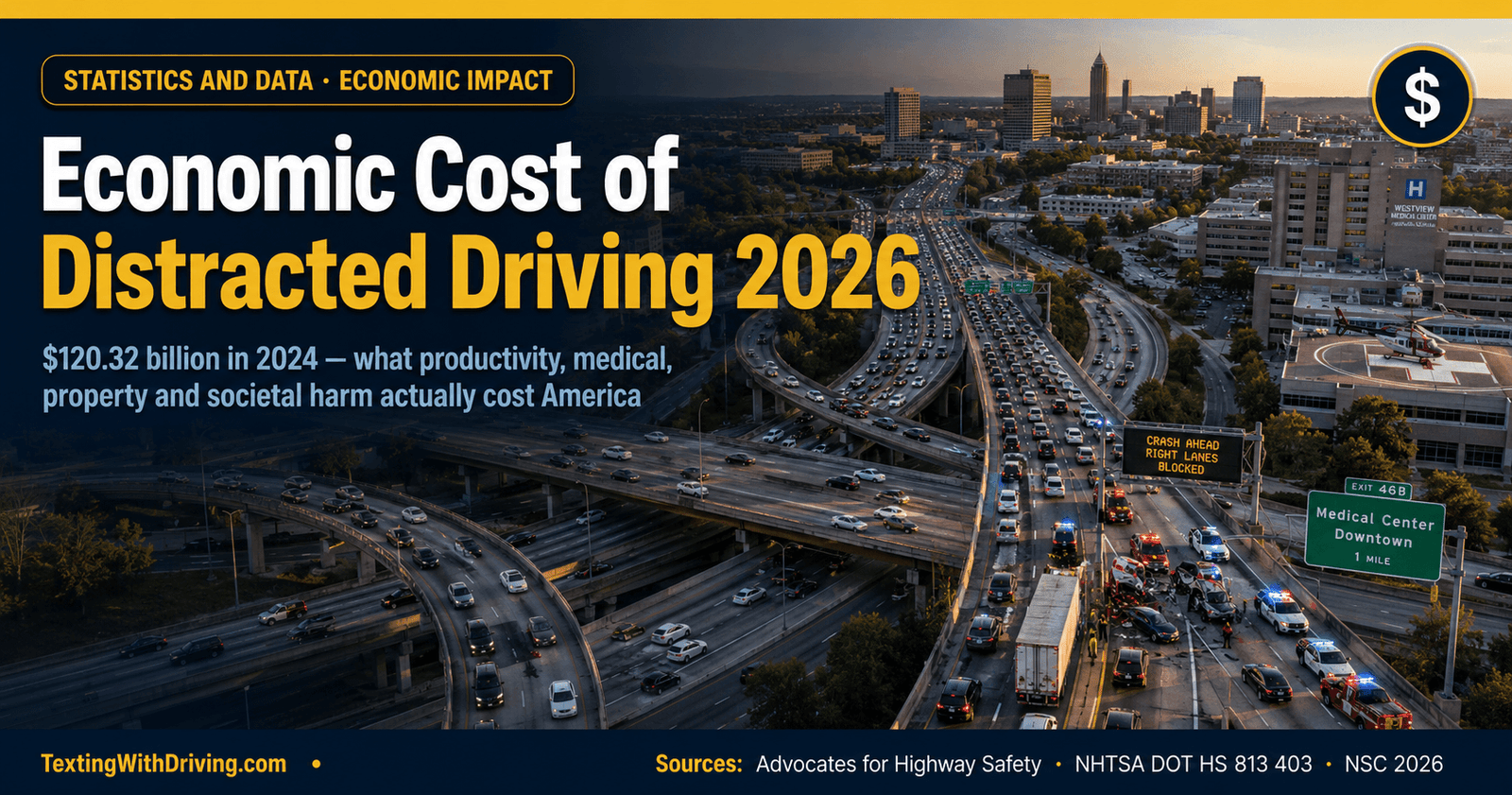 Economic Cost of Distracted Driving 2026: The $120 Billion Crisis Explained 1 Economic cost of distracted driving 2026 aerial view highway interchange crash scene showing 120.32 billion dollars in damages in 2024 from Advocates for Highway and Auto Safety with NHTSA baseline 98 billion economic cost and 395 billion societal harm breakdown