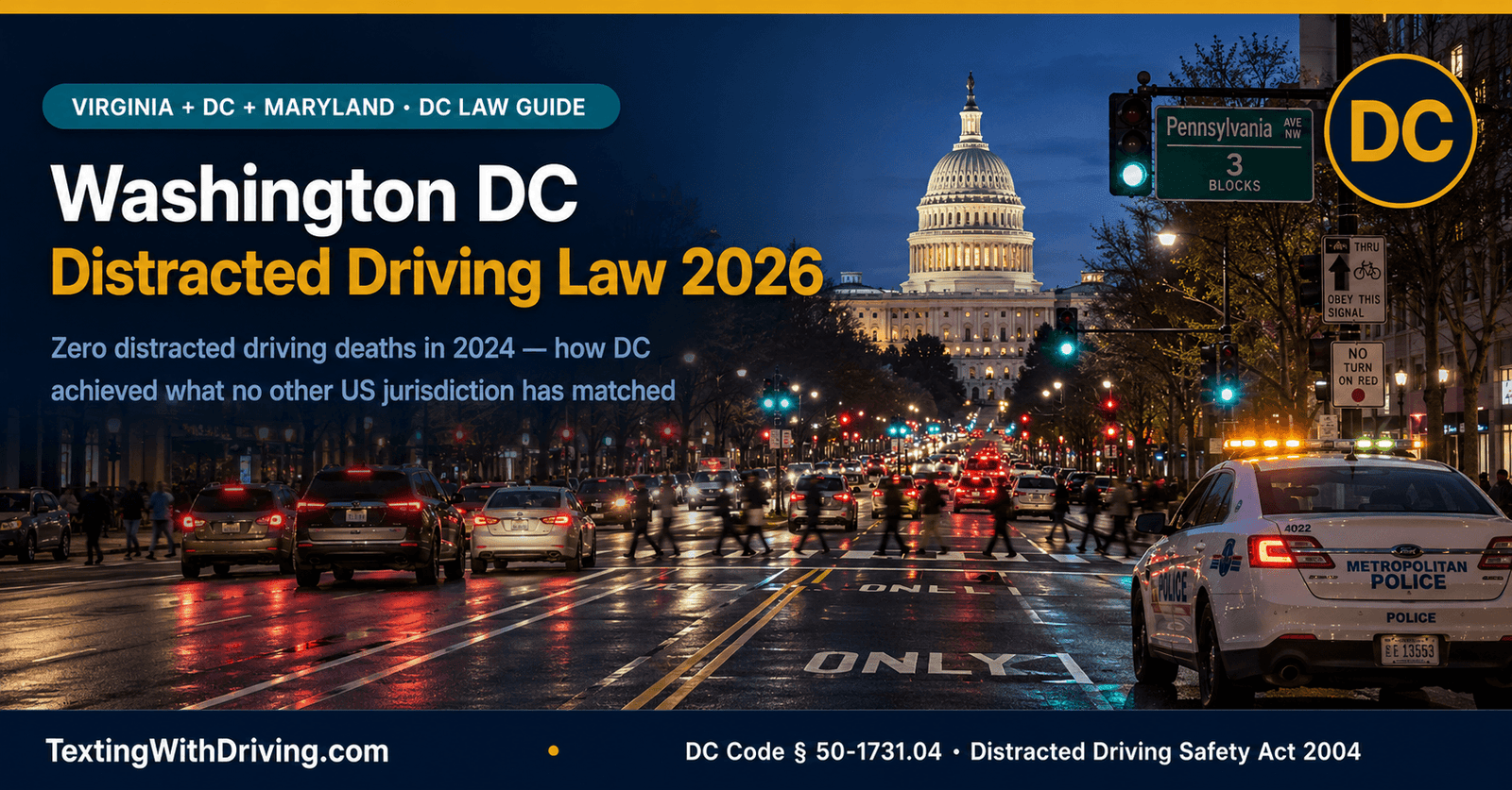Washington DC Distracted Driving Law 2026: Complete Guide for Residents and Commuters 1 Washington DC distracted driving law 2026 Capitol dome at dusk with Metropolitan Police showing DC Code 50-1731.04 Distracted Driving Safety Act 2004 handheld ban with zero distracted driving deaths in 2024 and 100 dollar first offense fine