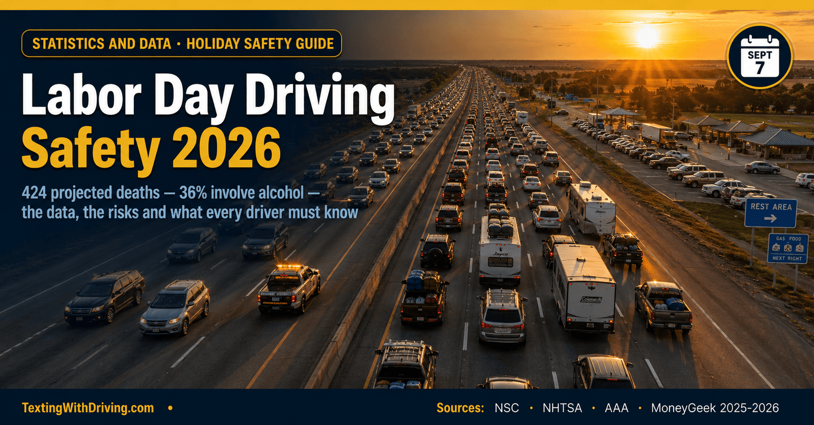 Labor Day Driving Safety 2026: Holiday Weekend Statistics and What Every Driver Must Know 1 Labor Day driving safety 2026 aerial view packed interstate highway return traffic showing NSC projected 424 deaths 36 percent involving alcohol impaired drivers and distracted driving as leading crash factor for September 7 2026 holiday weekend
