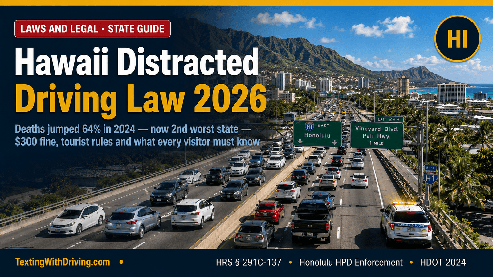 Hawaii Distracted Driving Law 2026: Deaths Jumped 64%, Now 2nd Worst State 1 Hawaii distracted driving law 2026 Honolulu H-1 Freeway with Ko'olau Mountains and Diamond Head showing deaths jumped from 25 to 41 in 2024 64 percent increase making Hawaii second worst state with 300 dollar fine under HRS 291C-137 and 400 dollar school zone fine