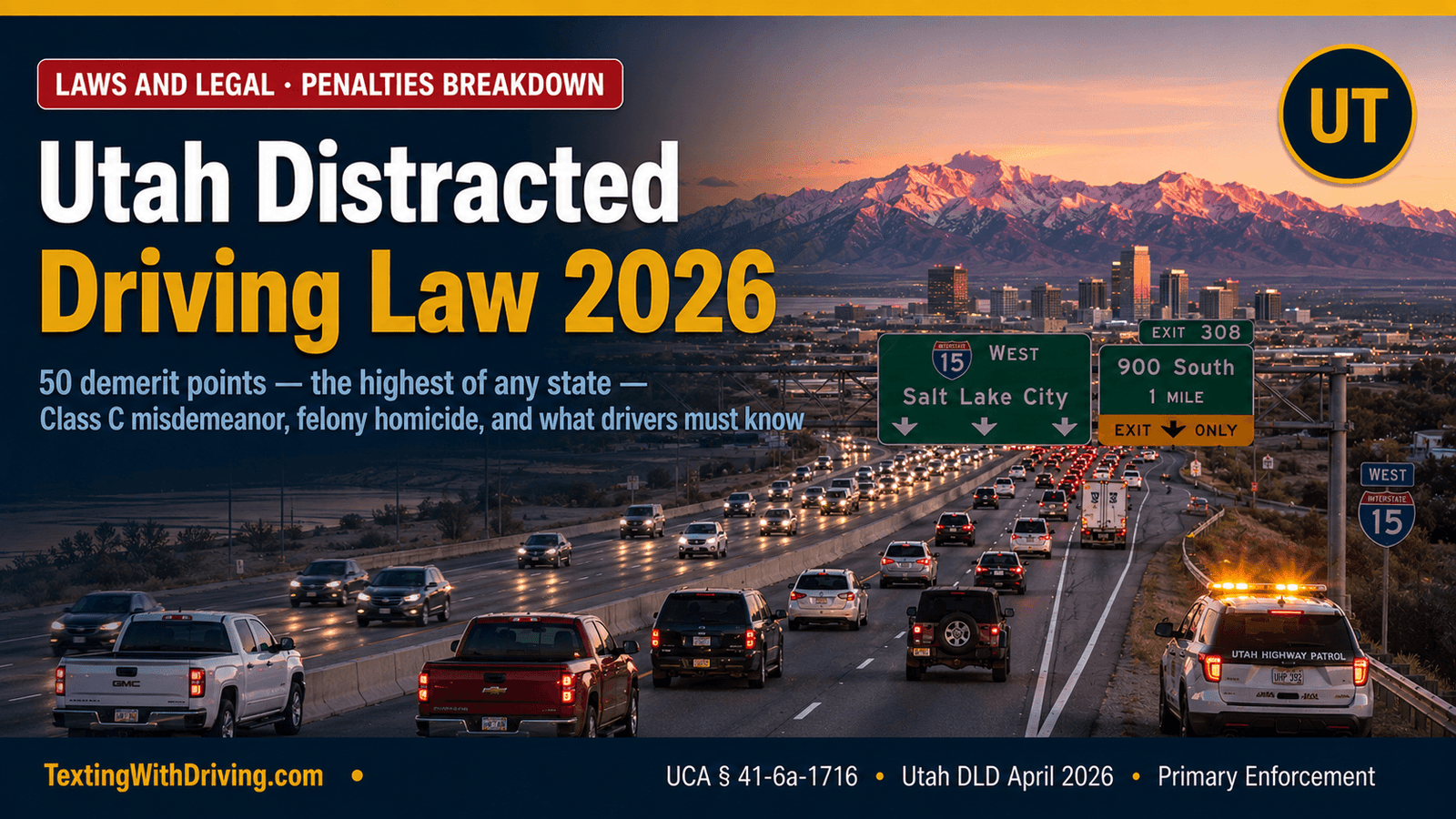 Utah Distracted Driving Law 2026: The 50-Point Penalty That Surprises Every Driver 1 Utah distracted driving law 2026 Wasatch Mountains Salt Lake City I-15 at dawn showing 50 demerit points for texting highest of any state UCA 41-6a-1716 100 dollar first offense Class C misdemeanor escalating to Class B misdemeanor 1000 dollars and 180 days jail for injury and automobile homicide second degree felony for death