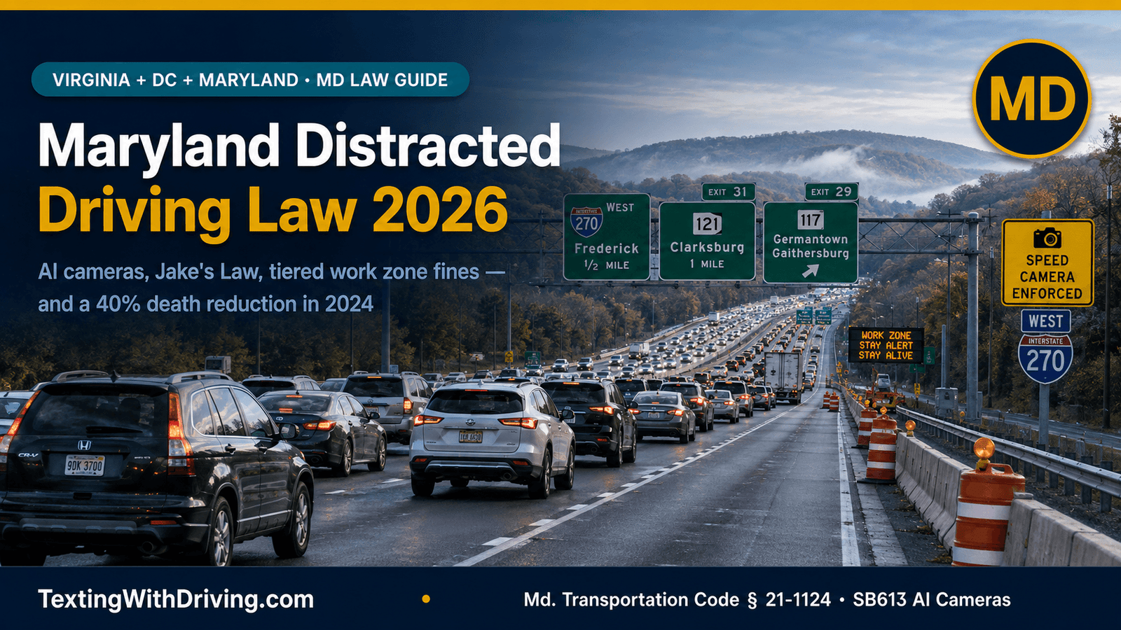 Maryland Distracted Driving Law 2026: AI Cameras, Jake's Law and What Every Driver Must Know 1 Maryland distracted driving law 2026 I-270 Montgomery County morning rush hour work zone showing Maryland Transportation Code 21-1124 handheld ban Jake's Law up to 5000 dollars and AI camera pilot SB613 in Montgomery and Prince George's counties