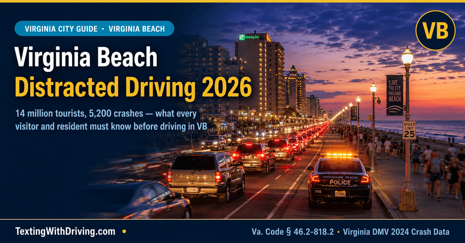 Virginia Beach Distracted Driving 2026: Tourist City Rules and What Every Visitor Must Know 1 Virginia Beach distracted driving 2026 Atlantic Avenue resort strip at dusk showing bumper to bumper tourist traffic with 5200 crashes 24 deaths in 2024 and 14 million tourists expected in 2026 with Virginia Beach Police enforcement