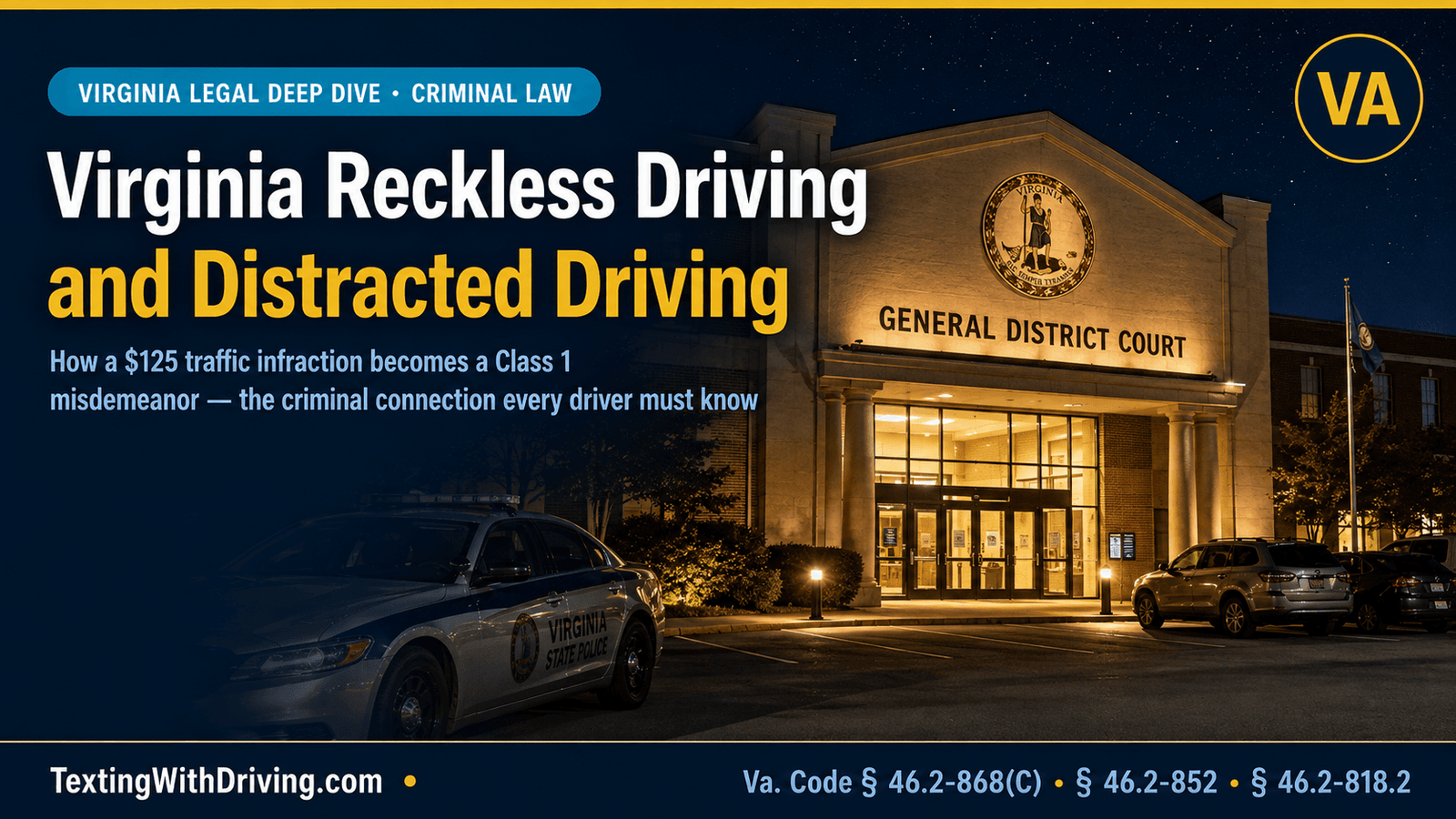 Virginia Reckless Driving and Distracted Driving: The Criminal Connection Every Driver Must Know 1 Virginia reckless driving distracted driving criminal connection showing courthouse at night with Virginia Code 46.2-868C mandatory 250 dollar fine when reckless driving coincides with 46.2-818.2 hands-free violation producing Class 1 misdemeanor with 12 months jail and 2500 dollar fine