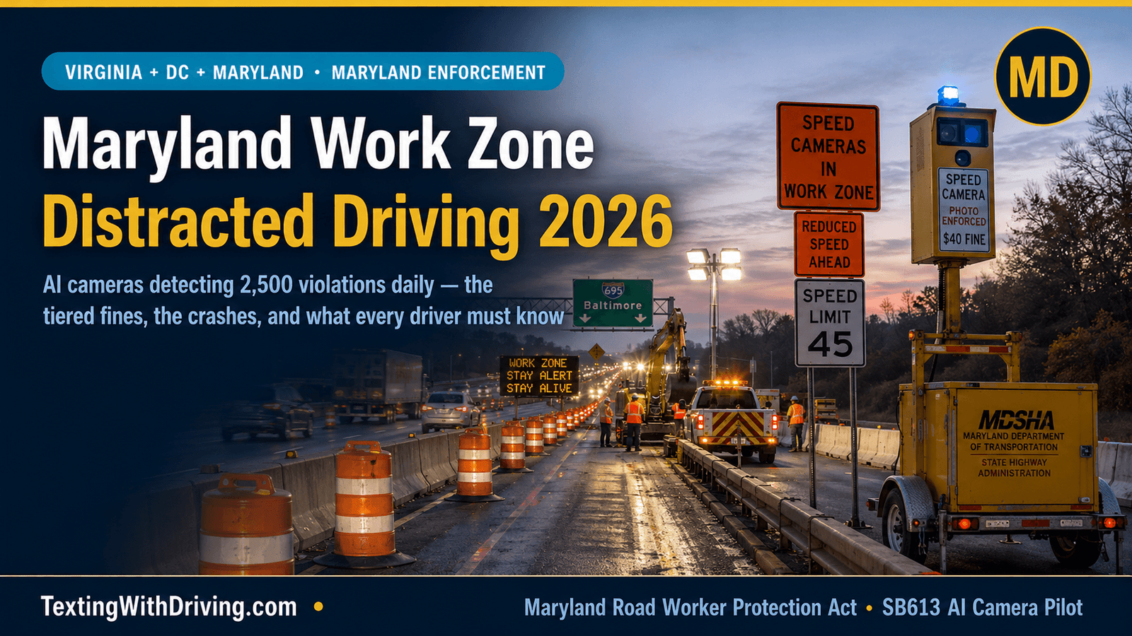Maryland Work Zone Distracted Driving 2026: AI Cameras, Tiered Fines and What Every Driver Must Know 1 Maryland work zone distracted driving 2026 I-695 active construction zone at dawn with speed camera trailer and orange safety barriers showing AI cameras detecting 2500 violations daily tiered fines up to 1000 dollars with workers present and 1148 work zone crashes in 2025
