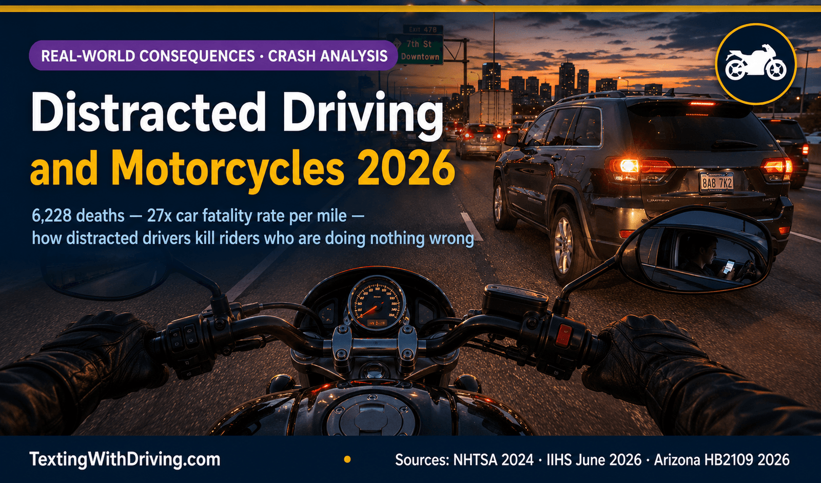 Distracted Driving and Motorcycles 2026: Why Riders Face Deadly Risk From Other Drivers 1 Distracted driving motorcycles 2026 motorcyclist perspective urban highway dusk showing SUV about to turn with distracted driver phone glow visible with 6228 motorcyclist deaths in 2024 27 times car fatality rate per mile and Arizona HB2109 150 dollar motorcycle collision surcharge for distracted drivers
