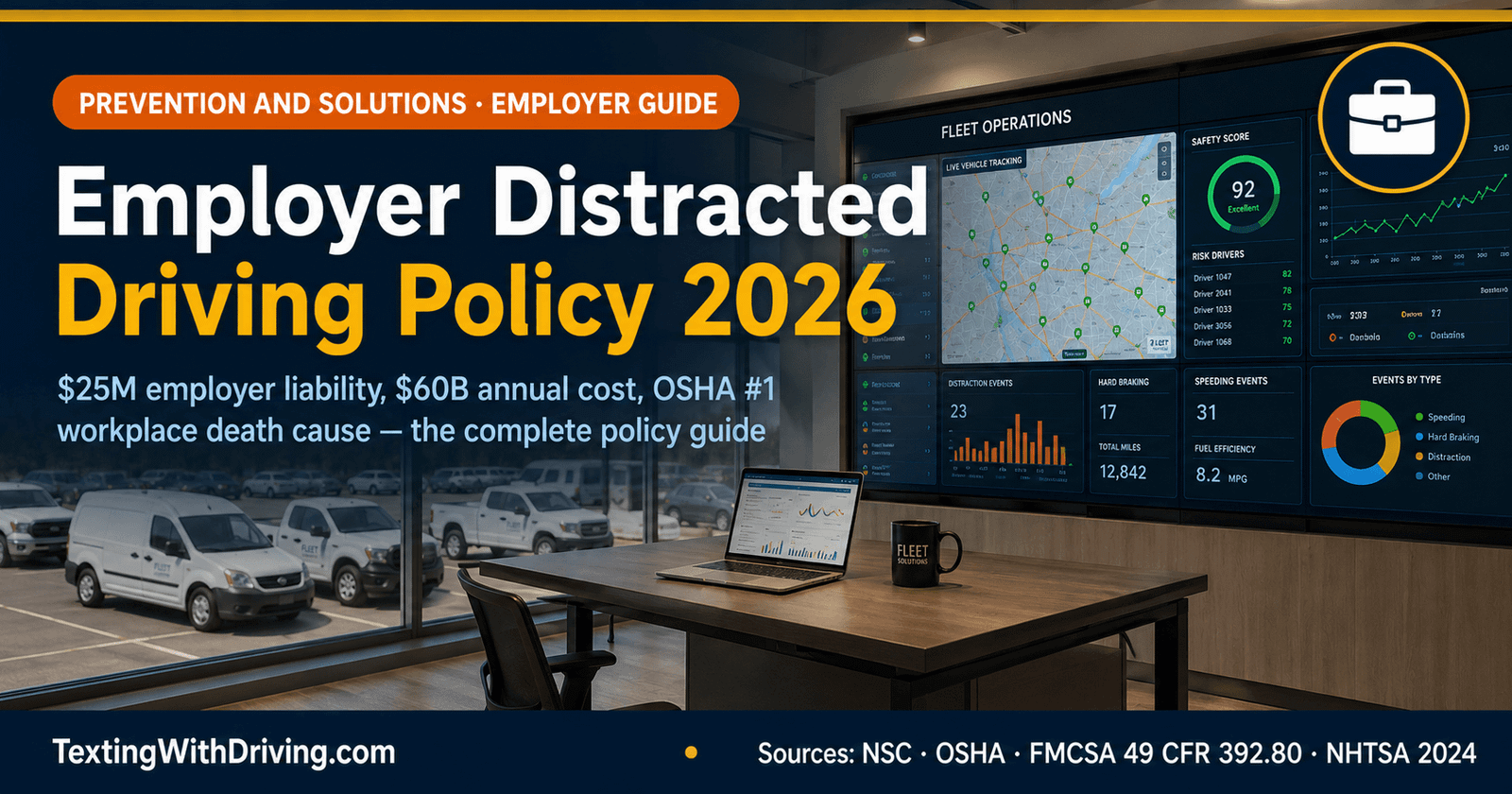 Employer Distracted Driving Policy 2026: Protecting Your Business, Drivers and Bottom Line 1 Employer distracted driving policy 2026 fleet operations center showing OSHA number one workplace death cause 25 million employer liability even with hands-free devices 60 billion annual employer cost and NSC free safe driving kit with complete policy template