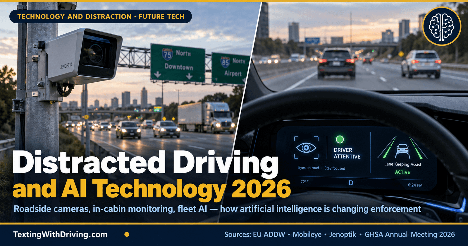 Distracted Driving and AI Technology 2026: How Artificial Intelligence Is Changing Enforcement 1 Distracted driving AI technology 2026 showing AI roadside enforcement camera at intersection and in-vehicle driver monitoring system display with eye tracking showing Maryland Obvio cameras detecting 2500 violations daily EU ADDW mandate for all new vehicles July 2026 and fleet AI cameras with 92 percent accuracy for phone detection drowsiness and inattention