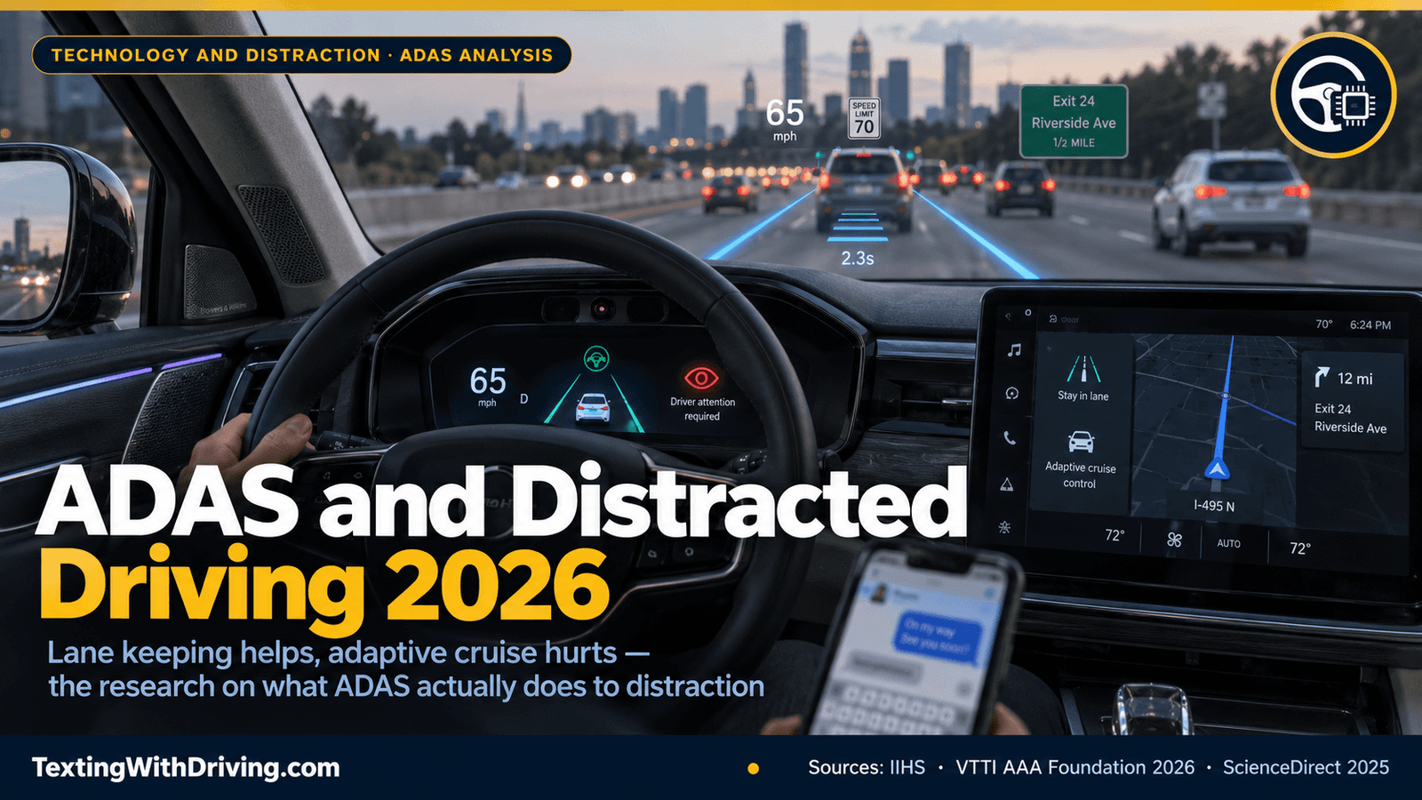 ADAS and Distracted Driving 2026: Do Driver Assistance Systems Help or Make Things Worse? 1 ADAS distracted driving 2026 modern vehicle interior showing active lane keeping assist with blue boundary lines adaptive cruise control following distance and driver monitoring camera with red alert indicator while driver phone visible in lap showing lane keeping assist reduces crashes 19 percent but adaptive cruise control associated with 8 percent crash rate increase from automation complacency