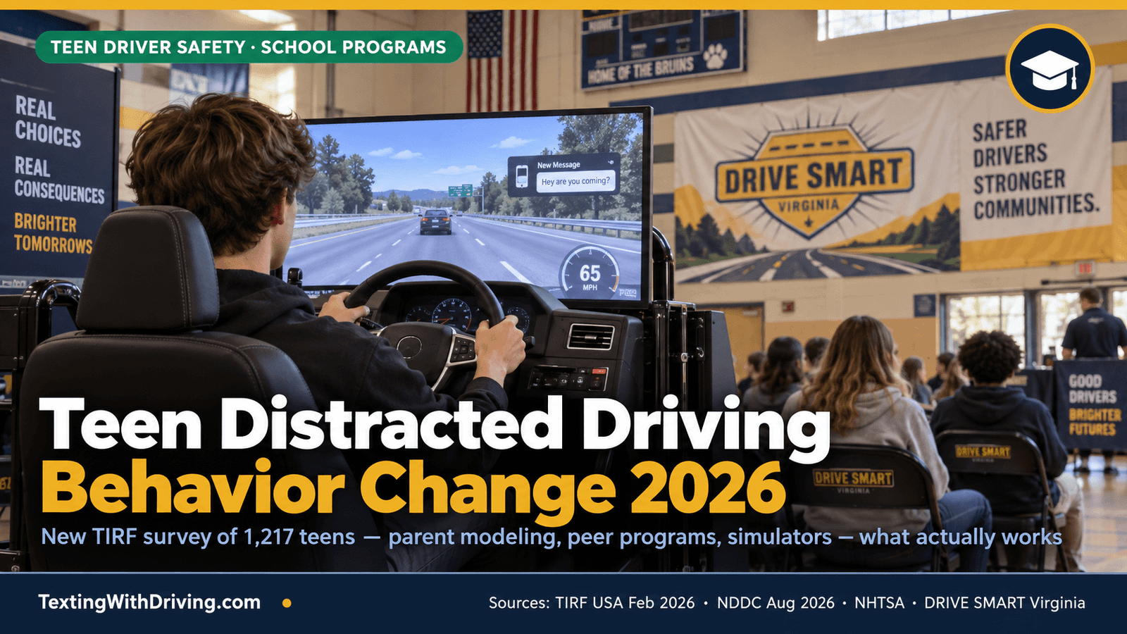 Teen Distracted Driving Behavior Change 2026: New Research on What Actually Works 1 Teen distracted driving behavior change 2026 DRIVE SMART Virginia interactive driving simulator at high school showing TIRF USA national survey of 1217 teens from 26 states finding parent modeling as most powerful behavior change factor with combined electronic and parental feedback producing 85 percent fewer unsafe driving events and DRIVE SMART Virginia reaching 6000 teens in 28 high schools in 2025