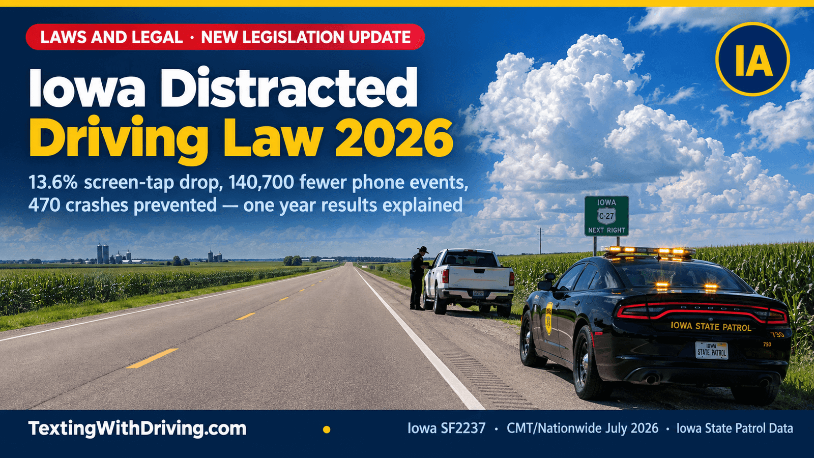 Iowa distracted driving law 2026 Iowa State Patrol traffic stop on rural Iowa highway showing Iowa SF2237 one year results with 13.6 percent screen-tapping decrease 140700 fewer phone-motion events 470 crashes prevented 210 injuries prevented 3 fatalities prevented and 20.3 million in economic damage avoided with 8489 citations issued January through June 2026