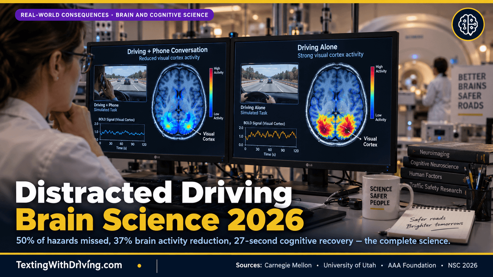 Distracted Driving Brain Science 2026: 50% of Hazards Missed, 27 Seconds and the Complete Science 1 Distracted driving brain science 2026 fMRI brain scans showing reduced visual cortex activity during phone conversations while driving compared to driving alone illustrating 37 percent brain activity reduction from Carnegie Mellon University research 50 percent of driving hazards missed during phone use and 27 second cognitive recovery time after hands-free voice commands