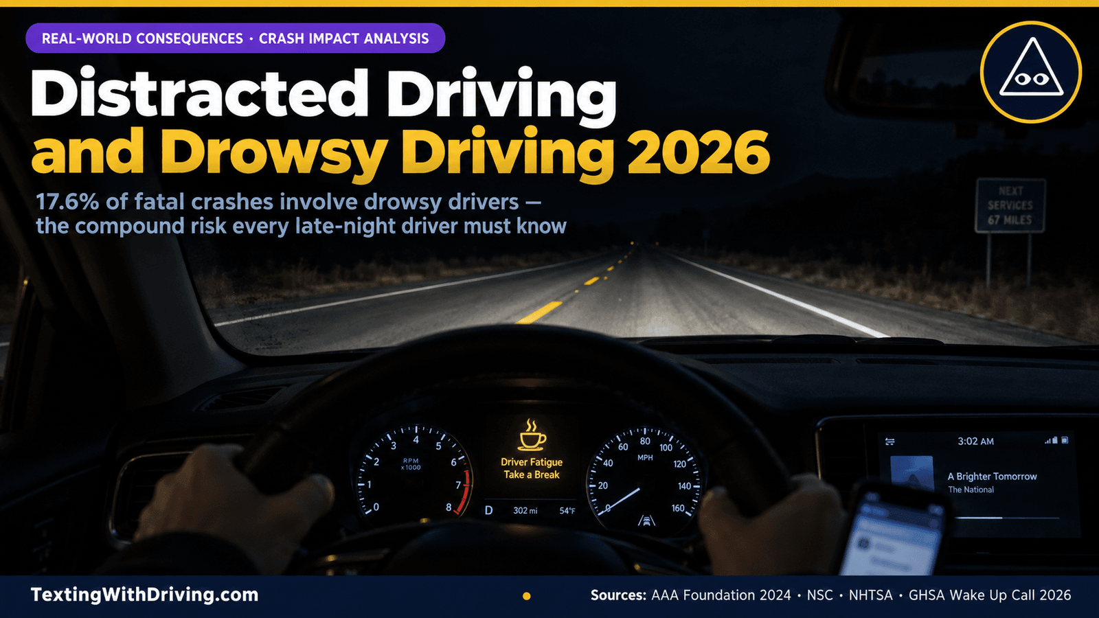 Distracted Driving and Drowsy Driving 2026: The Compounding Risk Every Driver Must Know 1 Distracted driving drowsy driving 2026 dark interstate at 3 AM from inside vehicle with phone glow and fatigue warning symbol showing AAA Foundation finding 17.6 percent of all fatal crashes 2017 to 2021 involved a drowsy driver equaling 30000 deaths over 5 years which is 10 times higher than officially reported with NHTSA 100000 annual drowsy driving crashes and the dangerous compound impairment when distracted and drowsy driving occur simultaneously