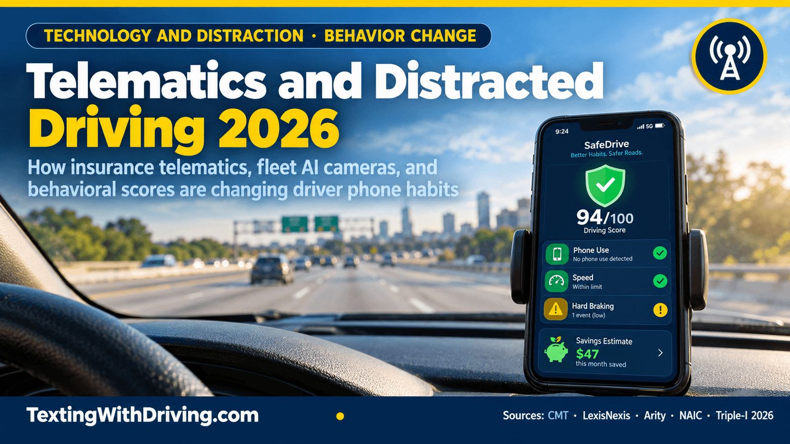 How Telematics Is Changing Distracted Driving 2026: Insurance, Fleets and Behavior Change 1 Telematics distracted driving 2026 dashboard-mounted smartphone showing real-time driving score app with phone use metric green check savings estimate showing how usage based insurance UBI programs monitor phone handling and CMT behavioral scores with fleet AI cameras producing 73 percent phone event reduction in 8 months