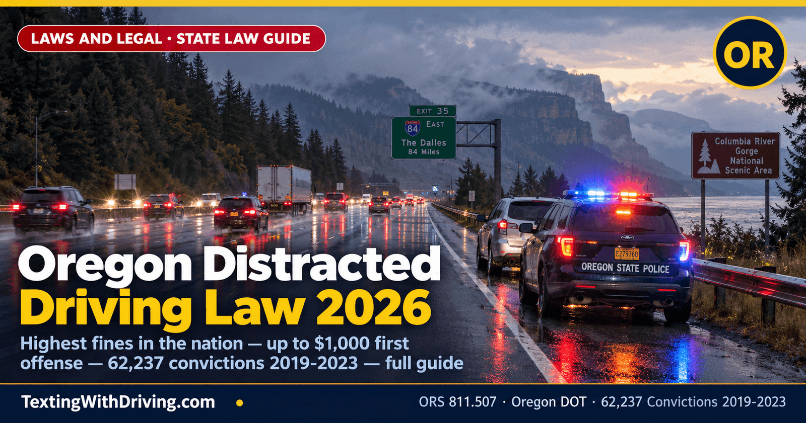Oregon Distracted Driving Law 2026: $1,000 Fine, 62,237 Convictions and What Every Driver Must Know 1 Oregon distracted driving law 2026 wet I-84 Portland Columbia River Gorge at dusk with Oregon State Police enforcement stop showing Oregon ORS 811507 first offense fine up to 1000 dollars highest in the nation with 62237 convictions from 2019 to 2023 and 28699 distracted driving crashes in Oregon over the same period and course waiver option for first-time offenders