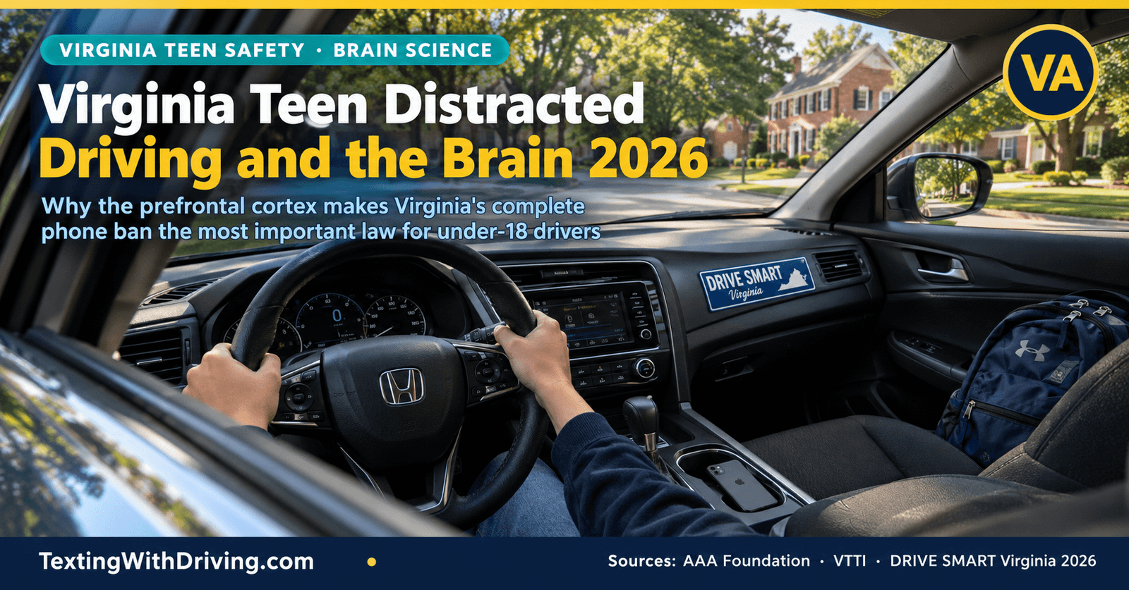 Virginia Teen Distracted Driving and Brain Science 2026: Why Young Drivers Are Wired Differently 1 Virginia teen distracted driving brain science 2026 teenage driver hands on wheel phone face-down showing prefrontal cortex not fully developed until age 25 explaining 58 percent of teen crashes from distraction and Virginia complete phone ban including hands-free for all under-18 drivers