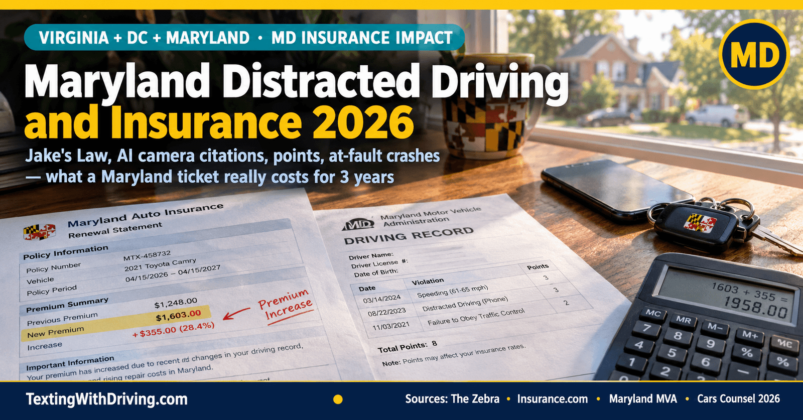 Maryland distracted driving insurance 2026 desk with insurance renewal statement showing 115 dollar annual rate increase after Maryland distracted driving ticket with zero points for first handheld offense but Jake's Law crash liability up to 5000 dollars and AI camera citations not affecting insurance rates