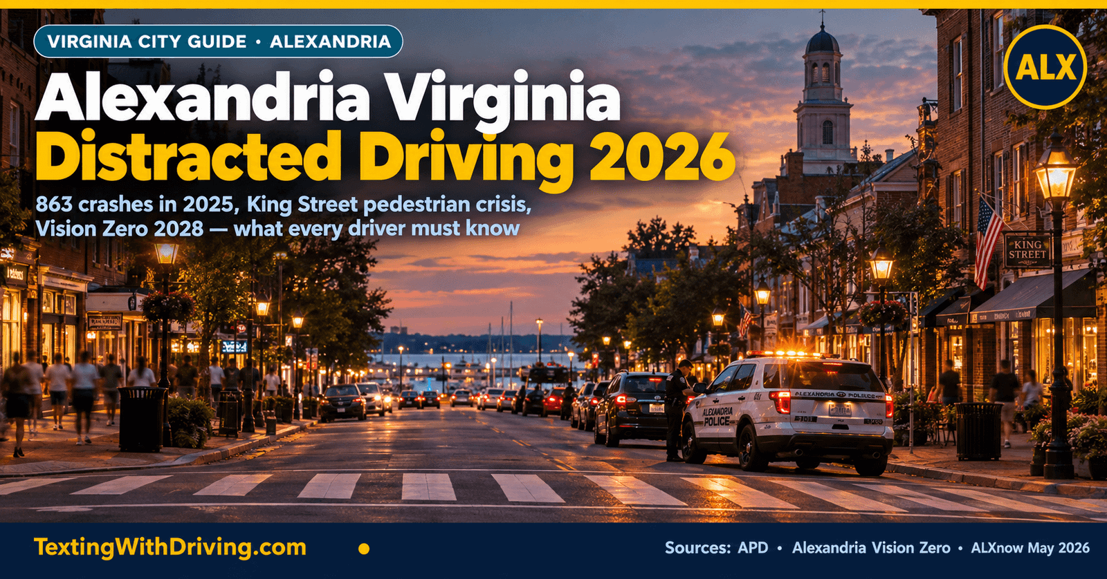 Virginia Distracted Driving 2026: Old Town, King Street and the DC Commuter Guide 1 Alexandria Virginia distracted driving 2026 King Street Old Town at dusk with APD enforcement vehicle showing 863 crashes across Alexandria in 2025 including 6 pedestrian incidents in April 2026 King Street pedestrian hit-and-run and woman killed at North Saint Asaph and Montgomery with Vision Zero 2028 goal and APD targeting distracted driving failure to yield and speeding