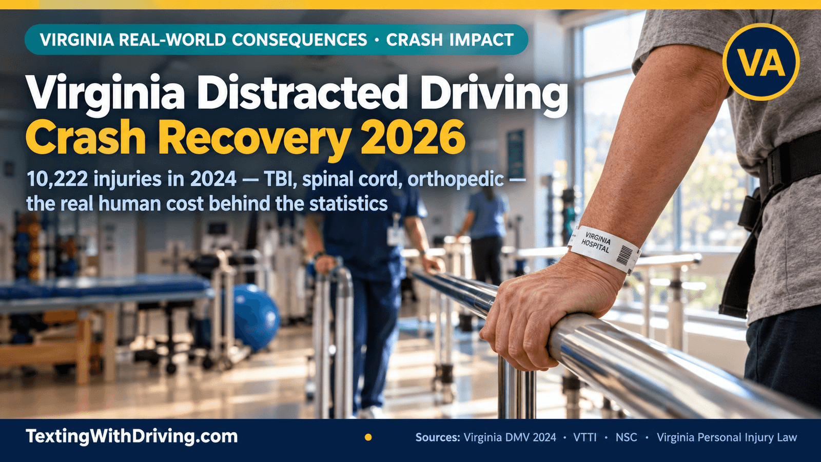 Virginia Distracted Driving Crash Recovery 2026: What Happens to Victims and How Long It Takes 1 Virginia distracted driving crash recovery 2026 hospital rehabilitation facility with parallel bars showing 10222 Virginians injured in 2024 distracted driving crashes including traumatic brain injury spinal cord injury orthopedic fractures and soft tissue damage with recovery timelines ranging from weeks to permanent disability and Virginia contributory negligence rule governing crash victim claims