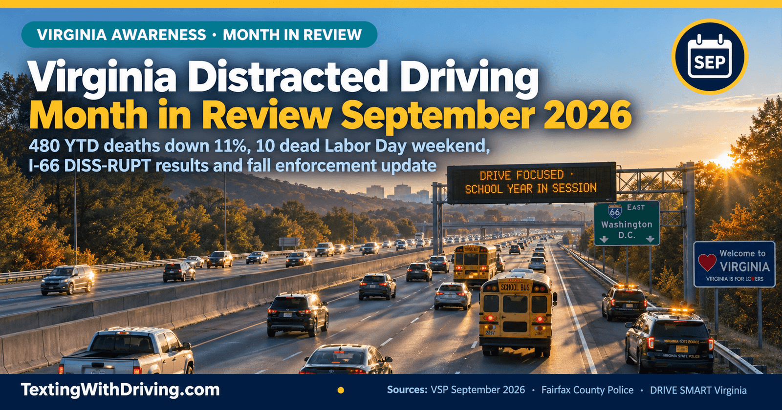 Virginia Distracted Driving Month in Review September 2026: School Year, Labor Day and Fall Enforcement 1 Virginia distracted driving September 2026 Virginia interstate at dawn with school buses and VSP cruisers showing 480 Virginia traffic deaths year to date August 31 2026 down 11 percent from 542 in 2025 with 10 deaths in 8 crashes over Labor Day weekend three of them pedestrians on I-395 and Operation DISS-RUPT I-66 August 22-24 producing 53 distracted driving citations