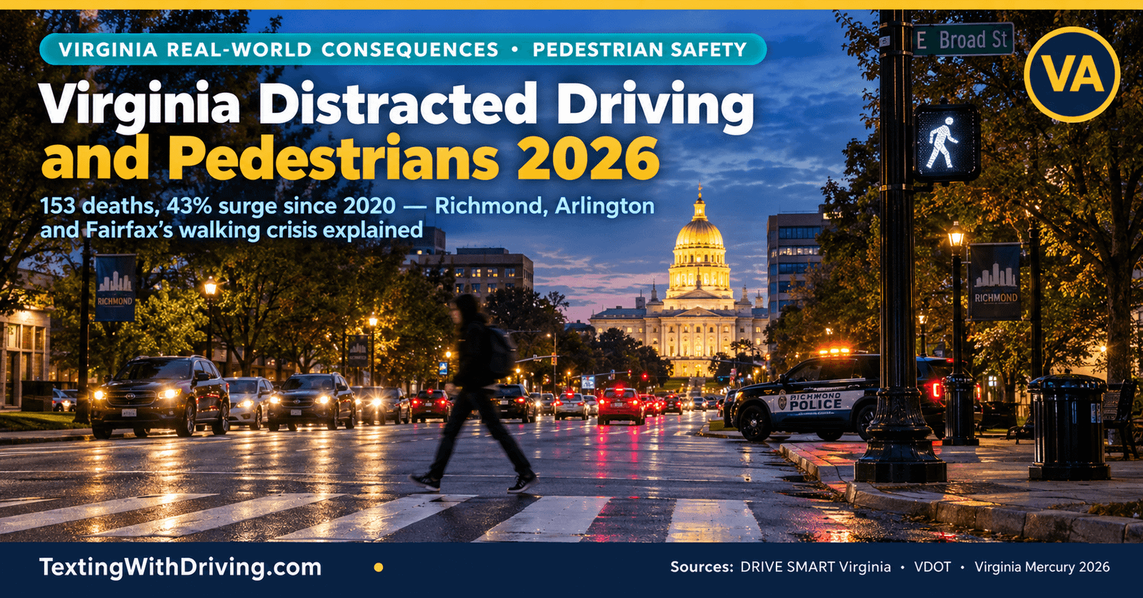 Virginia Distracted Driving and Pedestrians 2026: Richmond, Arlington and the Walking Crisis 1 Virginia distracted driving pedestrian deaths 2026 Broad Street Richmond Capitol dome at dusk showing 153 pedestrian and cyclist deaths in Virginia in 2025 including 13 in Richmond the most of any Virginia locality and Fairfax County pedestrian deaths already matching full year totals in under 7 months in 2026 with 43 percent surge since 2020