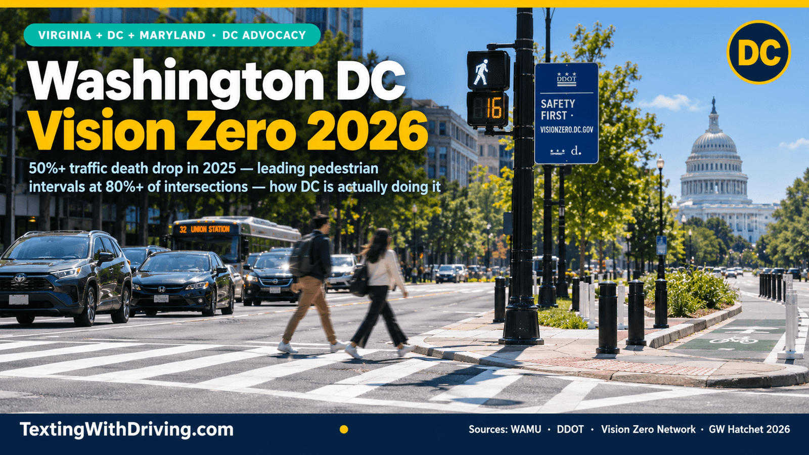 Washington DC Vision Zero distracted driving 2026 redesigned intersection with leading pedestrian interval curb extension bike lane and Capitol dome showing 50 percent traffic death drop in 2025 leading pedestrian intervals at more than 80 percent of DC intersections and zero distracted driving deaths in 2024 the only US jurisdiction to achieve this