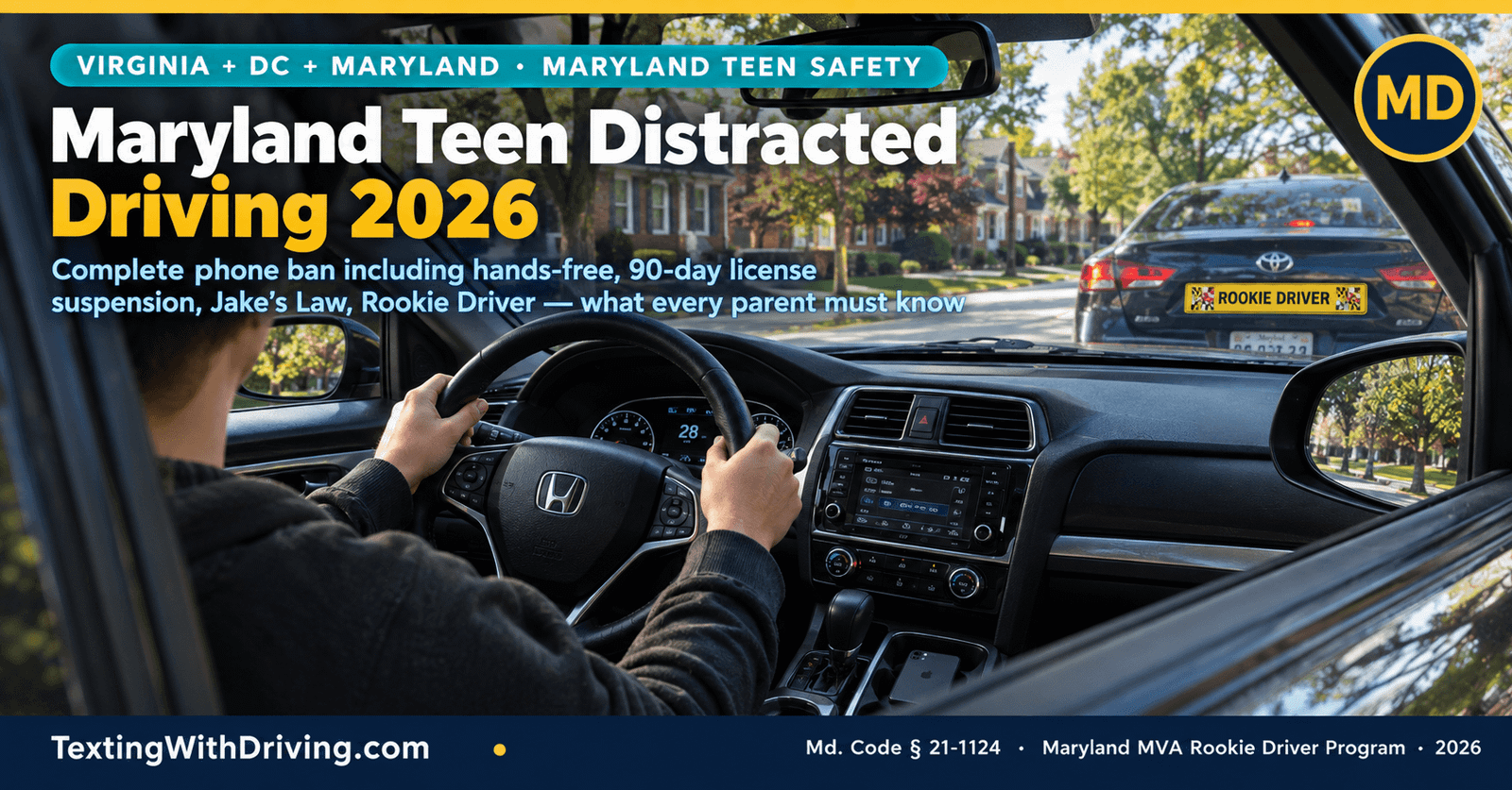 Maryland teen distracted driving 2026 teenage driver hands on wheel phone face-down with Maryland Rookie Driver sign showing complete phone ban including hands-free for all under-18 drivers with 90-day MVA license suspension and Jake's Law up to 5000 dollars for injury crashes