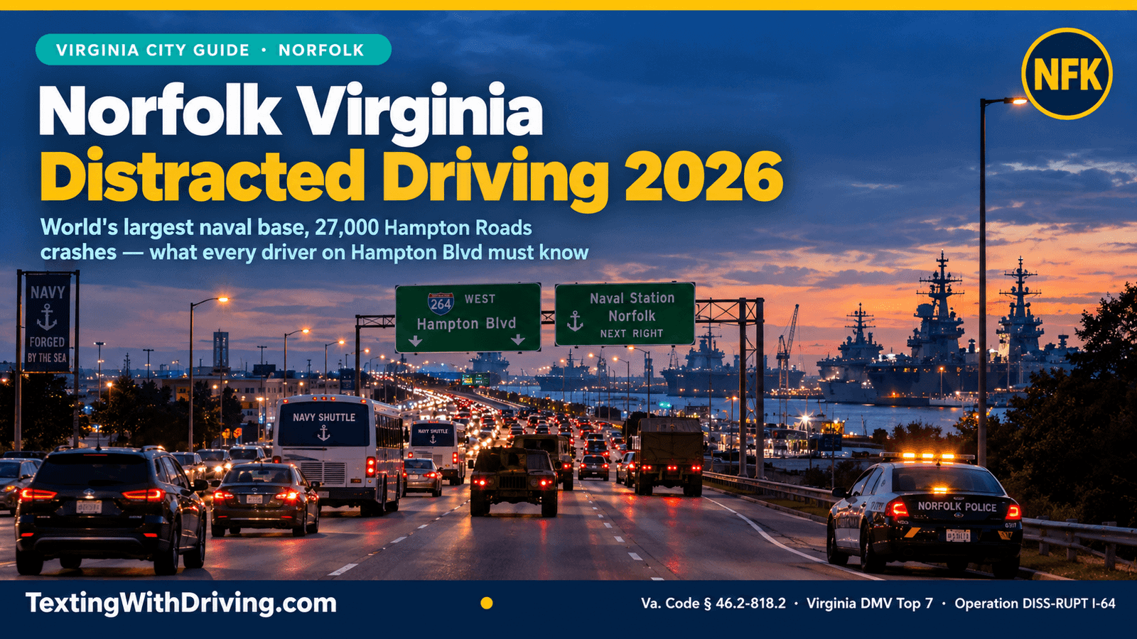 Norfolk Virginia Distracted Driving 2026: Hampton Roads Navy City Guide 1 Norfolk Hampton Boulevard distracted driving Naval Station 2026, Hampton Roads 27000 crashes 160 deaths distracted driving 2024, Norfolk Military Highway Tidewater Drive distracted driving crash, Operation DISS-RUPT I-64 Hampton Roads August 2026
