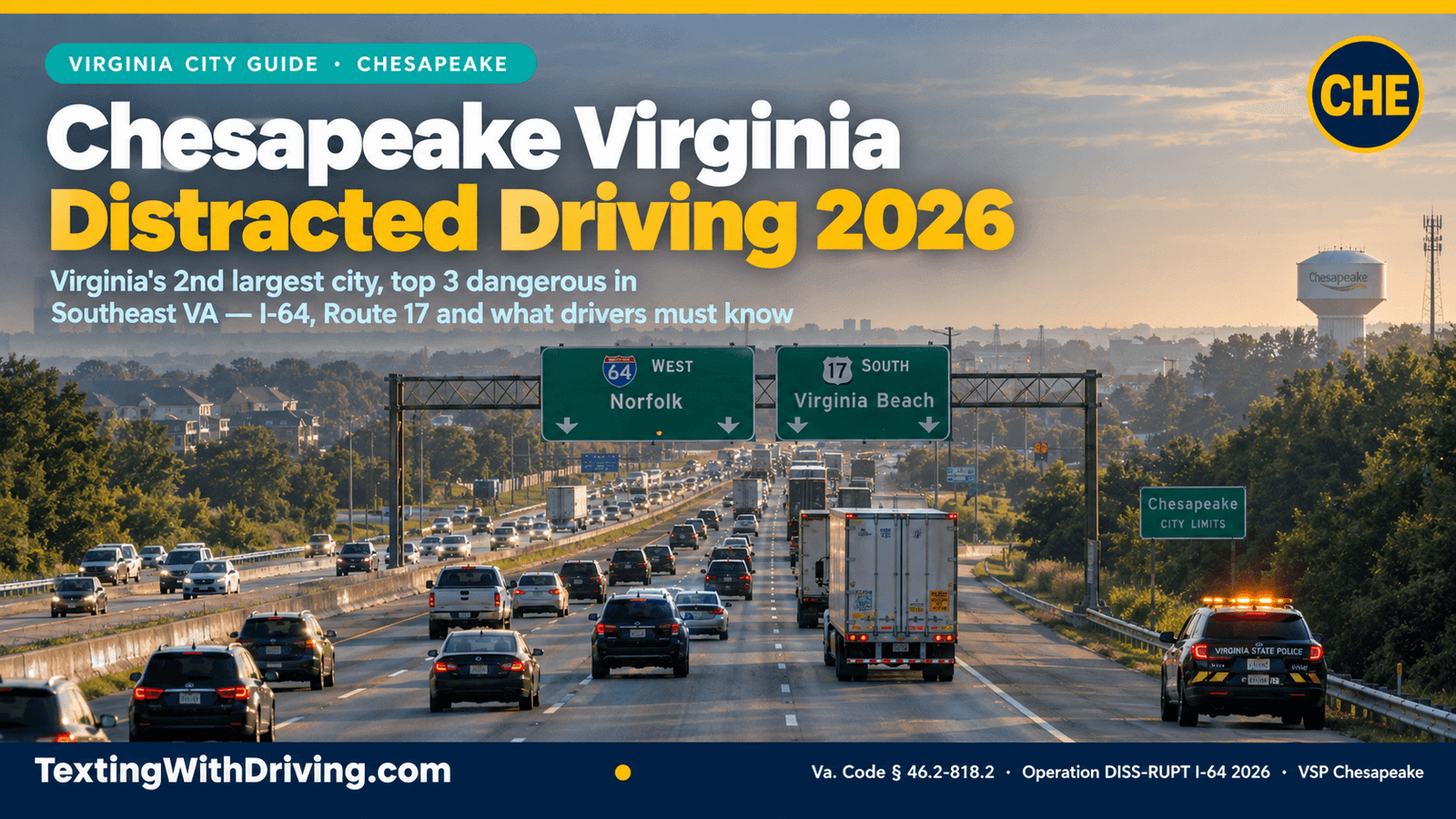 Chesapeake Virginia Distracted Driving 2026: What Drivers on I-64 and Route 17 Must Know 1 Chesapeake Virginia distracted driving 2026 I-64 morning rush hour with trucks and VSP patrol vehicle showing Chesapeake as Virginia's second largest city by area and third most dangerous in Southeast Virginia with I-64 rear-end crashes from distracted driving and tailgating and Operation DISS-RUPT covering all 299 miles of I-64 through Chesapeake in August 2026