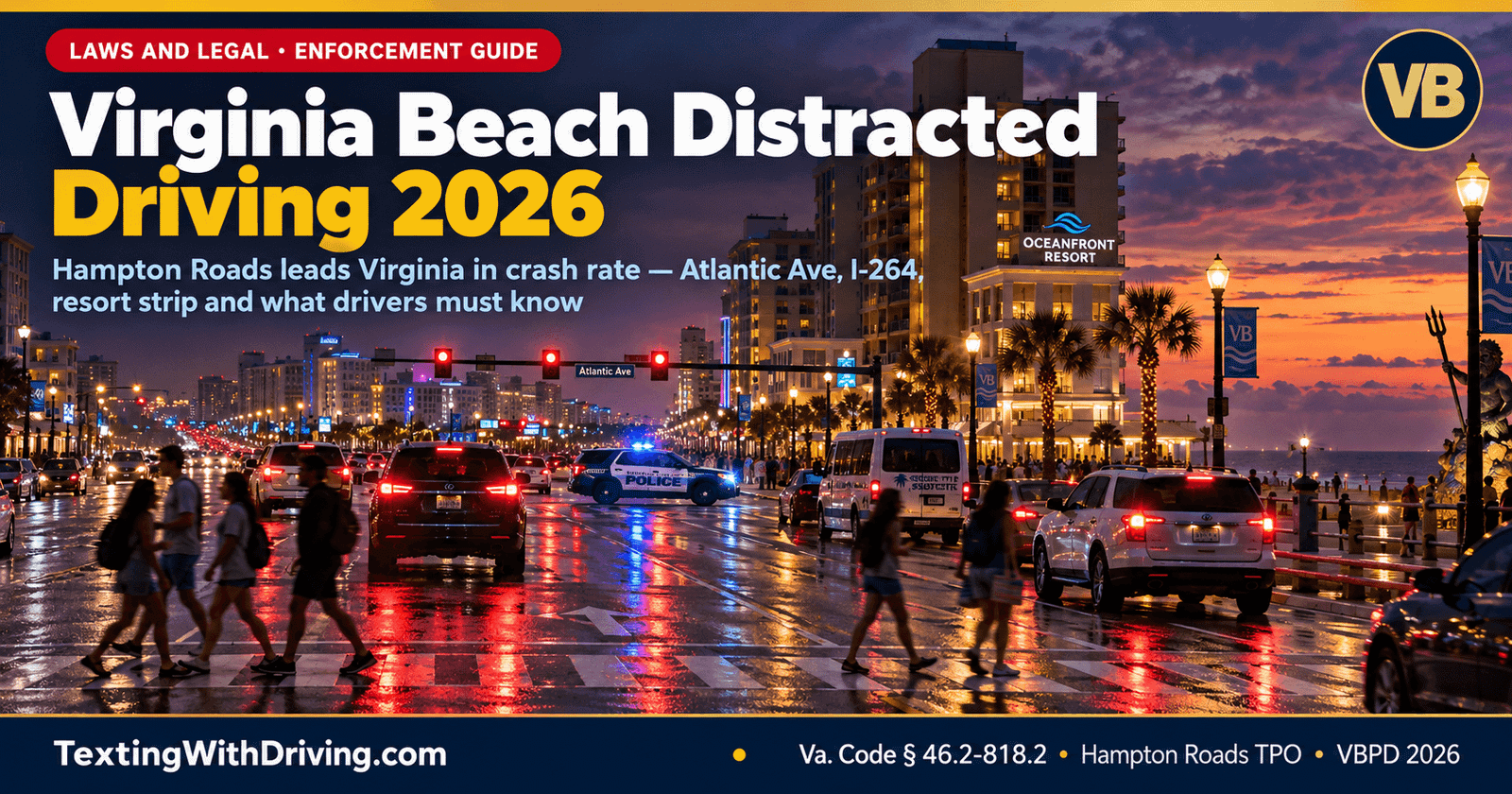 Virginia Beach distracted driving 2026 Atlantic Avenue dusk with resort traffic pedestrian crosswalk and VBPD cruiser showing Hampton Roads leading all Virginia metro areas in vehicle crash rate at 1.8 crashes per million vehicle miles traveled and Virginia Beach and Hampton Roads having 311 pedestrian crashes with 38 fatalities in 2022 with distracted driving and phone use identified as leading contributing factors