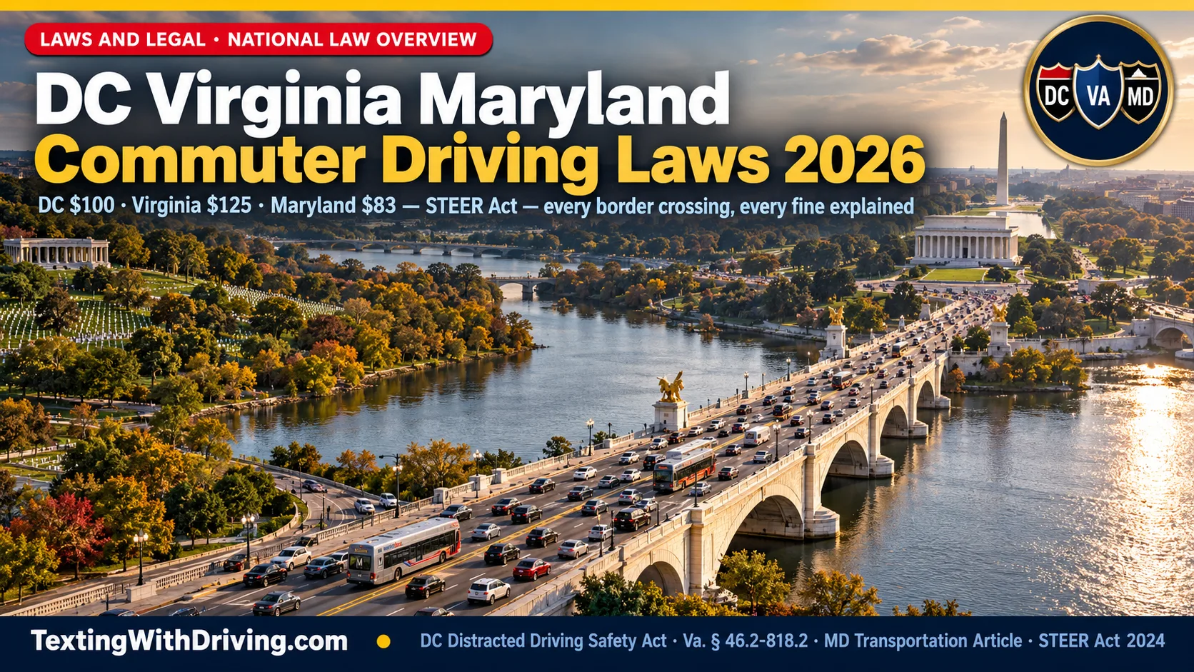DC Virginia Maryland commuter distracted driving laws 2026 aerial view Arlington Memorial Bridge crossing Potomac River showing DC 100 dollar first offense fine and Virginia 125 dollar first offense fine under 46.2-818.2 and Maryland 83 dollar first offense fine with STEER Act taking effect October 2024 allowing DC to pursue out-of-state drivers for 808933 citations in fiscal year 2023 totaling 160 million dollars in unpaid fines from Maryland and Virginia plates