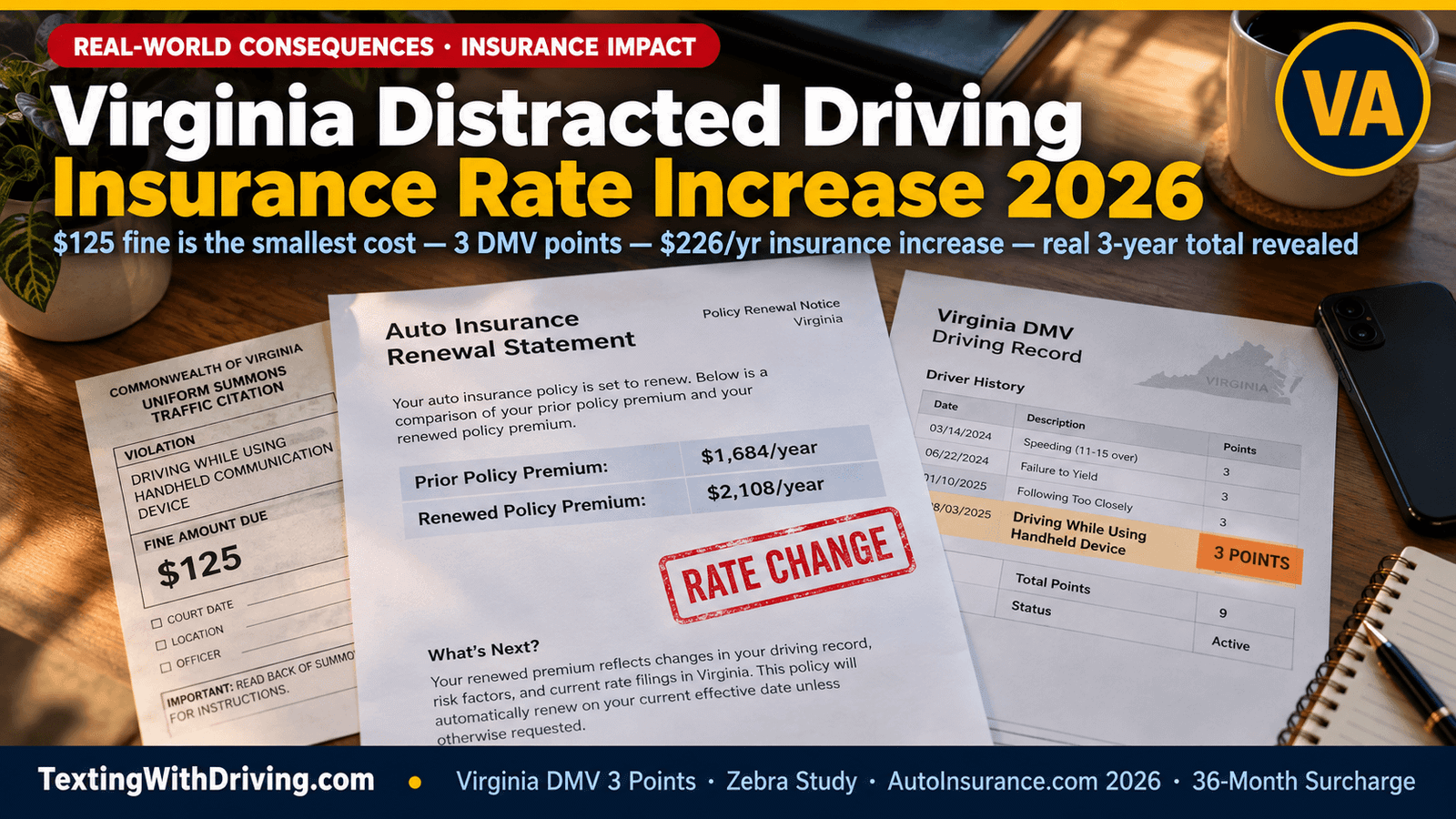 Virginia distracted driving insurance rate increase 2026 home desk with Virginia car insurance renewal showing rate increase and DMV driving record with 3 points from distracted driving citation alongside 125 dollar first offense fine showing Zebra study average 226 dollar annual insurance rate increase for three year surcharge period under Virginia insurance law with 36 month maximum surcharge and Virginia full coverage averaging 2003 dollars per year as of June 2026
