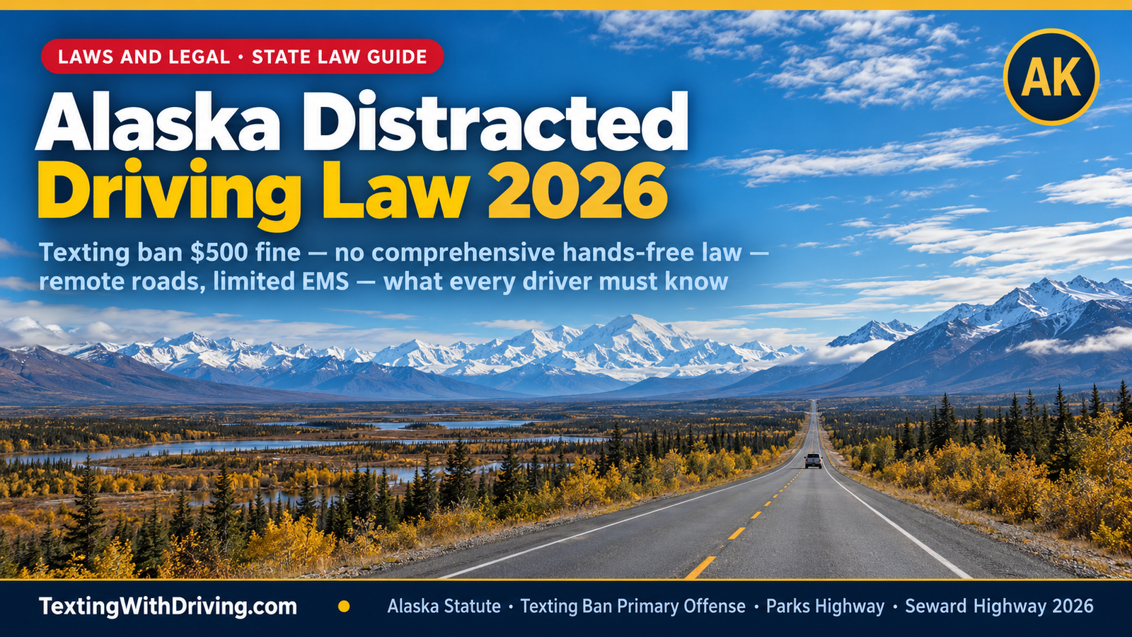 Alaska distracted driving law 2026 Parks Highway remote Alaska landscape with Alaska Range in background showing Alaska texting ban as primary offense with 500 dollar fine and 2 DMV demerit points and Alaska having no comprehensive hands-free ban for adult drivers at the state level unlike 33 plus other states making it a texting-ban-only state with enforcement challenges on remote roads with extended emergency medical services response times