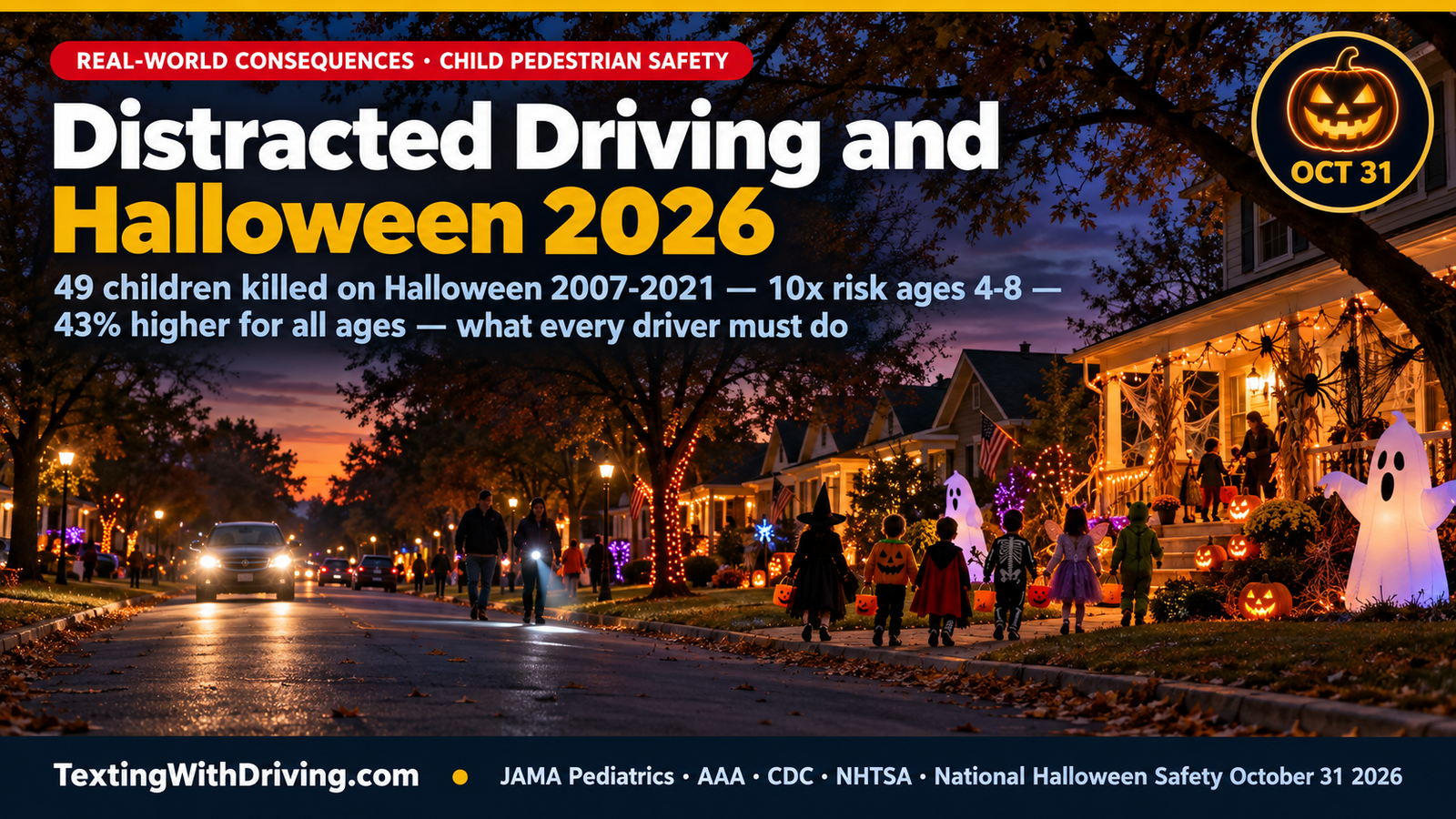 Distracted Driving and Halloween 2026: Child Pedestrian Deaths, October 31 Risk and What Every Driver Must Do 1 Distracted driving Halloween 2026 suburban residential street at dusk with trick-or-treating children in costumes and approaching headlights showing AAA data that 49 children under 17 were killed on Halloween from 2007 to 2021 nearly double any other day and JAMA Pediatrics 42-year study finding pedestrian fatality risk 43 percent higher on Halloween with children ages 4 to 8 facing 10-fold increase and Halloween 2026 falling on a Friday which produces 23 percent more pedestrian deaths than regular Fridays
