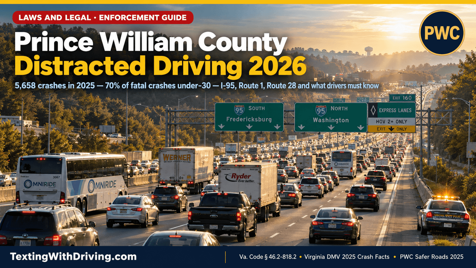 Prince William County Distracted Driving 2026: I-95, Route 1 and the Manassas Guide 1 Prince William County distracted driving 2026 I-95 morning rush hour with commuter traffic and VSP cruiser showing Prince William County 5658 crashes 34 fatalities 3527 injuries in 2025 Virginia DMV crash data with 70 percent of fatal accidents in 2024 involving drivers under 30 linked to speeding or distraction and Safer Roads 2025 initiative expanded enforcement of distracted driving and fatigue driving Prince William County Distracted Driving 2026: I-95, Route 1 and the Manassas Guide Prince William County distracted driving 2026 affects Virginia’s second-largest county by population — a jurisdiction of approximately 470,000 residents that has grown faster than almost any other county in the Commonwealth over the past two decades, and whose road network bears the consequences of that growth in the form of I-95’s most congested commuter corridor south of the Capital Beltway. The Virginia DMV’s 2025 Virginia Traffic Crash Facts report quantifies the scale: Prince William County recorded 5,658 crashes, 34 fatalities, and 3,527 injuries in 2025. Those figures place Prince William County among Virginia’s highest absolute crash-count jurisdictions — reflecting the combination of its large population, its role as a primary bedroom community for Washington DC’s federal and contracting workforce, and the specific road characteristics of I-95, Route 1, and Route 28 that concentrate distracted driving crashes. The demographic dimension of Prince William County’s crash data is the most specific available measure of where distracted driving risk is concentrated: in 2024, over 70 percent of fatal accidents in Prince William County involved drivers under 30, many linked to speeding or distraction. 70 percent. The young adult workforce that has driven Prince William County’s growth — government contractors, technology workers, military personnel from Quantico — is also the demographic that NHTSA’s national data identifies as most likely to die in distraction-affected crashes. The same demographic that grew Prince William County into Virginia’s second-largest county is the demographic at highest distracted driving crash risk within it. This guide covers the complete Prince William County distracted driving 2026 picture: the I-95 corridor’s specific crash concentration, Route 1 and the Woodbridge commercial strip, Route 28’s role as the county’s most congested internal arterial, the Safer Roads 2025 initiative and what it has produced, the red light camera and speed camera enforcement infrastructure, and what every Prince William County resident, commuter, and I-95 through-traveler must know under Virginia Code § 46.2-818.2. The Virginia DMV Data: 5,658 Crashes in 2025 Prince William County distracted driving 2026 occurs against the backdrop of one of the most comprehensively documented crash records in Northern Virginia. The 2025 Virginia Traffic Crash Facts data from the Virginia DMV provides the specific county-level baseline: 5,658 total crashes, 34 fatalities, 3,527 injuries, with 327,009 licensed drivers and a 0.10 fatality rate per 100 million miles traveled. The 0.10 fatality rate per 100 million miles — a measure of how deadly the county’s driving environment is relative to the miles traveled within it — provides context for the absolute crash count. At 0.10, Prince William County’s fatality rate is lower than many Virginia rural counties where higher speeds produce more severe crashes per mile traveled. But the absolute crash count of 5,658 — reflecting the volume of vehicle miles traveled in a nearly 500,000-person county — places it among Virginia’s highest-volume crash jurisdictions. Traffic collisions in Prince William County increased by 12 percent compared to 2022, with rear-end and intersection crashes doubling in frequency. The 12 percent crash count increase, with rear-end crashes doubling, is the specific pattern that distracted driving produces most directly. As we documented in our distracted driving brain science 2026 article, distracted drivers are most likely to produce rear-end crashes because the failure-to-detect a slowing or stopped vehicle is the most direct behavioral consequence of attentional impairment from phone use. When rear-end crashes double over a multi-year period, the distracted driving contribution is a leading candidate explanation alongside increased vehicle miles traveled. Distracted driving remains a leading cause in Prince William County, according to the county’s own crash trend analysis. The Virginia DMV names Prince William County explicitly in the top 7 highest distracted driving crash jurisdictions in Virginia — alongside Fairfax County, Loudoun County, Henrico County, Richmond City, Norfolk City, and Virginia Beach City. Prince William County’s crash volume places it in this top tier despite having a lower population density than Fairfax County, reflecting the specific road network and demographic characteristics that amplify distracted driving crash risk. I-95: The County’s Most Dangerous Road Prince William County distracted driving 2026’s most consequential crash concentration is on Interstate 95 — the primary north-south highway that carries Prince William County commuters, commercial freight from the Port of Virginia, and through-traffic between the northeastern United States and the Southeast. I-95 through Prince William County has produced a documented pattern of fatal crashes in 2025 and 2026. A Dumfries woman was struck and killed while walking along Interstate 95 in Prince William County in a 2025 pedestrian fatality. In February 2025, a fatal two-vehicle crash occurred in the I-95 express lanes southbound near mile marker 151. A fiery crash on Interstate 95 southbound in March 2025 caused significant delays. A fatal hit-and-run from an earlier period resulted in an arrest as recently as October 2025. The specific I-95 crash dynamic in Prince William County reflects the road’s operational characteristics at this specific geographic point in the highway: The express lane/general purpose lane transition. I-95 through Prince William County carries both standard general purpose lanes and the I-95 Express Lanes — the variably-priced managed lanes that separate high-occupancy and toll-paying vehicles from general traffic. The transitions between general purpose and express lanes at the Woodbridge-area interchanges create the lane-change and merge complexity that produces the specific sudden-speed-change events where rear-end crashes from distracted drivers are most likely. The Dumfries Road and Prince William Parkway interchange cluster. Multiple I-95 incidents in Prince William County are documented near the interchange cluster where I-95, US-1 (Richmond Highway), and Route 234 (Prince William Parkway) converge near Dumfries and Woodbridge. This interchange complexity — where commuters must make rapid lane selection decisions while managing the HOV/express lane entrance choices — creates the highest navigation-uncertainty driving demand of the I-95 corridor through the county. Pedestrian vulnerability. The Dumfries woman struck and killed on I-95 in Prince William County reflects the same I-395 pedestrian vulnerability pattern we documented during Labor Day weekend in our Virginia distracted driving September 2026 article. Pedestrians on interstate highways — people walking on shoulders after vehicle breakdowns or crashes — have no protection from distracted drivers who are not scanning the shoulder. Through-traffic from distant states. I-95 through Prince William County carries through-traffic from Florida, Georgia, the Carolinas, and other states whose hands-free law standards differ from Virginia’s. The North Carolina driver on I-95 southbound through Woodbridge — whose home state has only a texting ban, not a comprehensive handheld prohibition — is subject to Virginia Code § 46.2-818.2’s full standard from the moment their vehicle crosses the Fairfax County-Prince William County line on I-95. Route 1 (Richmond Highway): The Commercial Strip Prince William County distracted driving 2026 has its most concentrated surface-road crash activity on US Route 1 — the Richmond Highway corridor that parallels I-95 through the county from the Fairfax County border at Woodbridge through Dumfries and Triangle toward Stafford County. Route 1 through Prince William County is a commercial arterial with characteristics that produce maximum distracted driving crash risk: dense retail strip development with continuous access points, stop-and-go traffic from the commercial activity that generates shopping, delivery, and pedestrian crossings throughout the day, and the specific navigation demand of a road with no clear functional hierarchy — where the through-commuter and the local shopper share lanes with the commercial truck making a delivery. A Prince William County woman was killed in a crash while driving out of the City of Manassas in late July 2025. In a separate late July 2025 case on Dumfries Road in Prince William County, a wrong-way driver struck another vehicle head on, killing the striking driver. Wrong-way crashes — which produce the highest-severity head-on collisions — are the behavioral extreme of the impaired and distracted driving spectrum. The Route 1 corridor through Woodbridge’s commercial district — with Potomac Mills mall and its surrounding retail generating massive vehicle volumes — creates the specific commercial-strip distracted driving environment that every Northern Virginia driver encounters on the most crash-concentrated local road in Prince William County. The driver who is checking their phone for a Potomac Mills store location while navigating Route 1’s access point complexity is creating the primary offense violation in the specific environment where that behavior is most likely to produce a crash. Route 28: Manassas’s Most Congested Corridor Prince William County distracted driving 2026 has a specific internal arterial dimension in Route 28 — Centreville Road, which connects Manassas and Manassas Park to I-66 to the north and Prince William Parkway to the south, and which is the county’s most heavily documented congestion and crash concentration corridor. Route 28 connects commuters from Manassas to key routes like Interstate 66 to the north and Prince William Parkway to the south. Drivers on Route 28 express frustration with aggressive and distracted drivers — the Manassas-area community discussion captures the specific behavioral characteristics that Route 28’s congestion and stop-and-go patterns produce. The Prince William Board of County Supervisors ended the Route 28 bypass project in 2025, instead approving a widening of Route 28 from four to six lanes between the Manassas city and Fairfax County lines. The widening project — addressing Route 28’s capacity deficit — will produce construction zone conditions throughout its implementation period. As we documented in our distracted driving work zones 2026 article, construction zone distracted driving violations carry a mandatory $250 fine in Virginia (double the standard $125 first offense), and construction workers’ proximity to live traffic makes distracted driving in work zones specifically dangerous. VDOT held a hybrid public information meeting in May 2025 on planned innovative intersection improvements along Route 28 between Manassas Drive and Spruce Street, based on the Centreville Road STARS Study. The STARS Study intersection improvements — incorporating signal timing optimization and turning movement modifications — address the specific intersection crash patterns that distracted driving amplifies. Improved signal timing at complex Route 28 intersections provides a larger temporal window for the distracted driver to detect and respond to the changed signal state. But the engineering improvement does not eliminate the citation risk for the distracted driver who is still holding their phone in a construction zone. The Safer Roads 2025 Initiative: PWC’s Response Prince William County distracted driving 2026 enforcement operates within the Safer Roads 2025 initiative — Prince William County’s formal programmatic response to the crash trend data showing a 12 percent collision increase. The Safer Roads 2025 initiative focuses on three priorities: smart intersection redesigns at busy nodes like Routes 28/143 incorporating leading-edge signal timing and dedicated left-turn phases; expanded enforcement of distracted and fatigue driving with increased police presence during peak hours and public outreach campaigns; and enhanced driver education through partnerships with local schools and DMV programs stressing realistic driving simulations. The expanded enforcement priority is the most directly relevant to Prince William County distracted driving 2026. Increased police presence during peak hours is the operational expression of primary enforcement authority under Virginia Code § 46.2-818.2. A Prince William County Police officer who observes a driver holding their phone during morning rush hour on Route 28 or afternoon peak on Route 1 has primary stop authority without any concurrent violation — and the Safer Roads 2025 initiative specifically designates distracted driving as one of the enforcement targets that increased peak-hour police presence is directed toward. Prince William County Sheriff Mark Ellis, who chairs the county’s Traffic Safety Task Force, has been direct about the stakes: a single text while driving at 45 mph in a zone with heavy pedestrian crossings can end in tragedy. That 45 mph scenario — a standard Route 28 or Route 1 speed — covers 66 feet per second. A five-second texting interaction at 45 mph covers 330 feet with eyes off the road and zero ability to detect a pedestrian in a crosswalk or a vehicle stopping ahead. Early 2024 safety campaigns correlated with a 5 percent drop in weekend daytime crashes in downtown Manassas. The 5 percent improvement from the 2024 campaign cycle demonstrates that enforcement-plus-awareness initiatives produce measurable short-term behavioral change in Prince William County’s specific road environment — consistent with the broader research on enforcement campaign effectiveness we documented in our distracted driving awareness campaigns that worked article. The Camera Enforcement Expansion Prince William County distracted driving 2026 enforcement is expanding beyond officer-based primary enforcement into automated camera systems that create a persistent, around-the-clock detection environment. The City of Manassas already has red light cameras to capture vehicles driving through red lights at various intersections. Prince William County is in the process of setting up its own red light camera program — expanding automated enforcement from the City of Manassas into the broader county. Prince William County has numerous speed cameras in school zones. The red light camera program expansion — combined with the school zone speed cameras already operational — creates an automated enforcement infrastructure that complements officer-based primary enforcement. A driver who runs a red light on Route 28 in the Manassas area may face the city’s red light camera citation. A driver who is speeding in a Prince William County school zone faces the county’s speed camera. And a driver who is holding their phone for any reason on any Prince William County road faces primary enforcement citation from any Prince William County Police officer, any Virginia State Police trooper, or any other law enforcement officer with jurisdiction. The Virginia SB84 AI camera framework — authorized by Governor Spanberger effective July 1, 2026 as documented in our Virginia distracted driving cameras 2026 article — is deploying Obvio cameras in school zone crosswalks and at stop signs statewide. Prince William County school zones and stop signs are within this deployment framework. The AI camera infrastructure that is already capturing stop sign and crosswalk violations in Prince William County may be extended to distracted driving citation authority through future legislative expansion, based on the same Obvio technology that detected 2,500 violations per day in Maryland’s SB613 pilot. The Commuter Demographic and Distracted Driving Prince William County distracted driving 2026 is particularly acute during the county’s massive commute windows — the morning and afternoon rush hours that move a substantial share of the county’s workforce north to jobs in Fairfax County, Arlington, and DC, and south to Marine Corps Base Quantico and its surrounding defense contracting community. The OmniRide bus network — Prince William County’s regional transit system with express bus service to Pentagon, Crystal City, and downtown DC — serves commuters who do not own or choose not to drive. But the vast majority of Prince William County commuters drive, and the specific commute pattern — long distances on I-95 and I-66, significant stop-and-go congestion, and extended time in the vehicle — creates the sustained phone-checking impulse that produces distracted driving violations throughout the commute corridor. The I-95 Express Lanes extend through Prince William County southbound to Exit 152 (Route 234/Prince William Parkway) and northbound to merge back into general traffic before the I-495 Capital Beltway. Managing express lane entry and exit — which requires EZPass scanning, lane selection, and speed adjustment at the transition points — creates a specific driver demand at exactly the moments where many commuters also try to manage phone calls, navigation adjustments, or work email. The Virginia Code § 46.2-818.2 prohibition on holding a phone applies at every I-95 Express Lane entry, merge, and exit point exactly as it applies anywhere else on a Virginia public road. The Prince William Parkway and Manassas Park Corridors Prince William County distracted driving 2026 extends into the internal circulation network that connects the county’s communities: the Prince William Parkway (Route 234) connecting I-95 near Woodbridge to I-66 near Gainesville, and the community roads around Manassas, Manassas Park, and Woodbridge. A 19-year-old driver was clocked at 115 mph on Prince William Parkway — 85 mph over the 30 mph speed limit in a 55 mph zone — in a recent enforcement incident that resulted in a reckless driving summons. The extreme speeding incident on Prince William Parkway reflects the specific young driver demographic that the county’s fatal crash data identifies: over 70 percent of fatal accidents involved drivers under 30. While the 115 mph incident is extreme, it reflects the behavioral risk tolerance of the specific demographic that the county’s crash data shows is overrepresented in fatal outcomes — the same demographic that is also most likely to use phones while driving per national behavioral research. The Prince William Parkway serves as the internal highway connecting the county’s western and eastern sections — from I-66 near Gainesville and Haymarket through the county’s developed interior to I-95 near Woodbridge. Its intersection density with Route 28, Dale Boulevard, and the major residential connector roads creates the stop-and-go traffic rhythm where phone-checking behavior is highest and where primary enforcement citations are most likely. Operation DISS-RUPT and Prince William County’s Interstate Coverage Prince William County distracted driving 2026 enforcement includes the Virginia State Police’s Operation DISS-RUPT coverage of I-95 through the county. Operation DISS-RUPT’s May 18-19, 2026 deployment covered all 179 miles of I-95 through Virginia — including every mile of I-95 through Prince William County from the Stafford County line at the south to the Fairfax County line at the north. As documented in our Virginia distracted driving September 2026 article, Operation DISS-RUPT produces real citation volumes: the February 2026 I-66 deployment produced 53 distracted driving citations in two days. The I-95 May deployment covered Prince William County’s full I-95 corridor with the same enforcement framework — Virginia is hands-free, which prohibits drivers from holding personal communications devices while driving. Virginia State Police troopers on I-95 through Prince William County operate with the same primary enforcement authority as PWCPD officers on Route 28. The commuter who holds their phone during a morning I-95 merge near Woodbridge has encountered Operation DISS-RUPT enforcement during the May 2026 deployment — and will encounter it again in any future DISS-RUPT deployment on I-95. What Every Prince William County Driver Must Know in 2026 Prince William County distracted driving 2026 creates specific obligations for every driver on the county’s roads — resident, commuter, contractor, and through-traveler. Virginia Code § 46.2-818.2 is actively enforced by both PWCPD and VSP. Prince William County’s Safer Roads 2025 initiative specifically designates expanded enforcement of distracted driving as one of three priorities. PWCPD officers are deployed with increased peak-hour presence on Route 28 and Route 1. Virginia State Police troopers with Operation DISS-RUPT authority cover I-95. Both agencies have primary stop authority. No concurrent violation is needed. The 12 percent crash increase with doubling rear-end crashes reflects the distracted driving pattern. When rear-end crashes double, the most likely behavioral explanation is phone distraction reducing the following driver’s reaction time to sudden speed reductions. Prince William County’s 2022-to-2025 crash trend is the specific data context in which a $125 first-offense citation and three-year insurance surcharge are imposed on drivers who hold their phone during the commute. Route 28 is a construction zone for its widening project. Any phone use while driving through an active construction zone on Route 28 — where lane restrictions, worker presence, and reduced speed limits apply — carries the mandatory $250 construction zone distracted driving fine rather than the standard $125. Workers adjacent to Route 28 during the widening project are the specific vulnerability that this fine enhancement is designed to deter. The Manassas red light cameras document violations independently of officer observation. A driver who runs a red light on Route 28 in the City of Manassas while holding their phone potentially generates both a red light camera citation and the basis for a distracted driving primary offense stop — two separate enforcement consequences from a single behavioral choice. The under-30 demographic concentration is the county’s most urgent safety challenge. Over 70 percent of Prince William County fatal accidents involve drivers under 30. If you are under 30 and driving in Prince William County — commuting to Quantico, to Tysons, to DC, or to any other employment center — you are statistically in the demographic with the highest fatal crash risk from speeding and distraction. The phone setup that eliminates the distraction contribution to that risk — Driving Focus, phone in back seat, GPS pre-set — is the specific behavioral intervention most available to improve the county’s most alarming crash statistic. For the complete Virginia law that applies on every Prince William County road, our Virginia distracted driving law covers Va. Code § 46.2-818.2. For the Northern Virginia regional context placing Prince William County alongside Fairfax and Loudoun, our Northern Virginia distracted driving guide covers the I-95 and I-66 corridor. For the Virginia 2025 Crash Facts data cited in this article, our Virginia distracted driving statistics 2026 covers the complete statewide picture. And for the technology setup that makes Virginia compliance automatic on I-95, Route 28, Route 1, and every Prince William County road, our hands-free while driving complete setup guide covers iPhone, Android, Bluetooth, and CarPlay. Sources Used in This Article All links verified working before publication. Virginia DMV: 2025 Virginia Traffic Crash Facts — Prince William County 5,658 crashes 34 fatalities 3,527 injuries 327,009 licensed drivers 0.10 fatality rate per 100M miles, 2025 Archive Aeon / Washingtonian Views: Prince William County Sees Surge in Car Accidents — 12% collision increase vs 2022, rear-end and intersection crashes doubled, 70% fatal accidents drivers under 30 speeding or distraction, Sheriff Mark Ellis Traffic Safety Task Force single text 45 mph pedestrian crossings tragedy quote, Lena Carter Northern Virginia Traffic Institute short reaction times distracted habits quote, 5% weekend daytime crash drop Manassas early 2024 campaigns Archive Aeon: Debunking Safety Myths Prince William County — Safer Roads 2025 initiative three priorities smart intersection redesigns expanded enforcement distracted fatigue driving enhanced driver education, intelligent traffic sensors key bottlenecks navigation app partnerships Patch Manassas: Reader Poll What Is the Biggest Traffic Frustration in Manassas — Route 28 connects Manassas to I-66 and Prince William Parkway, county ended Route 28 bypass 2025 now widening 4 to 6 lanes, aggressive and distracted drivers Manassas community concern, City of Manassas red light cameras, Prince William County setting up own red light camera program, speed cameras school zones, July 2025 woman killed Manassas wrong-way crash Dumfries Road, August 2025 Potomac Local: I-95 crashes Prince William County 2025 — Dumfries woman struck killed I-95 northbound PWC, February 2025 fatal crash I-95 express lanes southbound mile marker 151, March 2025 fiery crash I-95 southbound significant delays, fatal hit-and-run I-95 arrest October 2025, VSP reckless driver I-95 chase PWC into DC 2025 Yahoo News / DC News Now: Teen Clocked 115 MPH Prince William Parkway — 19-year-old 115 mph Prince William Parkway 55 mph zone reckless driving summons, PWCPD social media safety message, April 2026 Virginia DMV: Distracted Driving Toolkit — Prince William County named top 7 highest distracted driving crash jurisdictions Virginia, ages 21-35 most frequent demographic NHTSA: Distracted Driving — 3,208 deaths 2024, 315,167 injuries, national context TextingWithDriving.com is professionally built and maintained to ensure accurate, accessible safety information reaches every driver who needs it. Website development and ongoing support is handled by Budgetic, a digital agency specializing in purpose-driven WordPress websites. next Blog 3 — Virginia Fall Driving Safety 2026: Foliage Season, Skyline Drive and What Distracted Drivers Miss Researching first. All data confirmed and excellent. Key verified facts: October is Virginia’s most dangerous month: Over 10 years, 10% of all Virginia crash fatalities occurred in October — the highest of any single month Deer crashes: 42% of Virginia’s deer-involved crashes happen in October and November per VMD. 7,335 total deer crashes in 2023, 690 injuries. 20% increase between 2022 and 2023. 6,526 deer crashes most recent year AAA 2026: Montgomery County, Rockbridge County, and Botetourt County — highest deer crashes in the western Virginia region where Skyline Drive and Blue Ridge Parkway run Deer collision average repair cost: $6,000 — average for Virginia Average repair collision insurance: most collision policies don’t cover deer crashes (comprehensive does) Blue Ridge Parkway: Distracted driving is the main cause of crashes, especially during fall foliage season per Blue Ridge Parkway spokesperson Night driving: visibility limited to 250 feet with normal headlights per VDOT; 50% of traffic fatalities happen at night VSP Matt Demlein quoted specifically on fall driving: “Don’t drive distracted... All of those things make any drive safer. They’re especially important when you’re driving in the dark” Wet leaves are the #1 fall driving hazard per Virginia insurance research — sliding on wet leaves and distracted driving compound October foliage peak traditionally third week of October in Virginia/Blue Ridge Writing now. Focus Keyword: Virginia fall driving safety distracted driving 2026 Featured Image Prompt: A photorealistic wide-angle photograph taken at golden hour from a scenic overlook on Skyline Drive in Shenandoah National Park, Virginia, looking southwest along the ridge road as it curves through a cathedral of peak autumn foliage — brilliant reds, oranges, and golds stretching across the mountain ridges to the horizon — a line of visitor vehicles visible on the winding two-lane road below, a Virginia State Police cruiser with amber lights visible on the right shoulder, the Shenandoah Valley floor visible 3,000 feet below in soft afternoon haze, deep blue October sky with scattered clouds. Cinematic Shenandoah fall foliage driving safety editorial photography, spectacular autumn color palette, warm golden hour atmosphere, photorealistic, no faces visible, wide 16:9 composition. Overlay clean professional graphic design text: - A thin solid gold horizontal bar across the very top edge - A small rounded orange badge/pill reading "AWARENESS AND ADVOCACY · FALL DRIVING SAFETY" in white bold uppercase - A circular gold-bordered navy badge top-right with "VA" in bold gold lettering - Large bold headline text two lines: "Virginia Fall Driving Safety" in white "and Distraction 2026" in gold/amber (#FDC300) - Smaller subheading in soft light blue-gray: "October is Virginia's most dangerous month — deer rut, wet leaves, Skyline Drive and what distracted drivers miss" - Dark navy footer bar: "TextingWithDriving.com" left · "VDOT · Virginia DMV · VSP · AAA Mid-Atlantic October 2026" right, separated by a gold dot Bold modern sans-serif, 16:9, 1200×630, photorealistic. Blog Title: Virginia Fall Driving Safety 2026: Foliage Season, Skyline Drive and What Distracted Drivers Miss SEO Title (keyword first, 57 chars): Virginia Fall Driving Safety Distracted Driving 2026 Slug (41 chars): virginia-fall-driving-safety-distracted-2026 Meta Description (keyword first, 154 chars): Virginia fall driving safety distracted driving 2026: October is VA's most dangerous month, 42% of deer crashes in Oct-Nov, Skyline Drive foliage risks and what every driver must know. Category: Awareness and Advocacy Sub-Category: National Campaign Coverage Tags: Virginia fall driving safety distracted driving 2026, Virginia October most dangerous month crash fatalities fall driving, Virginia deer crashes 42 percent October November distracted driving, Skyline Drive Blue Ridge Parkway distracted driving fall foliage, VDOT deer mating season distracted driving October 2026 Primary Keyword: Virginia fall driving safety distracted driving 2026 Secondary Keywords: Virginia October most dangerous month 10 percent crash fatalities fall driving, Virginia deer crashes 7335 42 percent October November VDOT 2023, Skyline Drive Blue Ridge Parkway distracted driving fall foliage season main crash cause, wet leaves stopping distance distracted driving Virginia fall 2026 Featured Image Alt Text: Virginia fall driving safety distracted driving 2026 Skyline Drive Shenandoah National Park peak autumn foliage with VSP cruiser showing October as Virginia’s most dangerous month with 10 percent of decade crash fatalities Virginia deer crashes 42 percent happening October and November with 7335 deer crashes in 2023 and distracted driving identified as main crash cause on Blue Ridge Parkway during fall foliage season Virginia Fall Driving Safety 2026: Foliage Season, Skyline Drive and What Distracted Drivers Miss Virginia fall driving safety distracted driving 2026 begins with a statistic that most Virginia drivers do not know and that has profound implications for every autumn drive: October is the most dangerous single month of the year on Virginia roads. Over a recent 10-year period, 10 percent of all Virginia crash fatalities occurred in October — the highest of any month. Fall is the most dangerous season of the year for driving on Virginia roads. The irony of this concentration is complete. October is the month when Virginia’s roads are most beautiful. The Shenandoah Valley’s foliage peaks on Skyline Drive in the third week of October, drawing millions of visitors to drive a corridor the Blue Ridge Parkway spokesperson explicitly identifies as having distracted driving as the main cause of crashes, especially during fall’s pretty views and weather. The same views that make Skyline Drive the most photographed road in Virginia are the views that pull drivers’ eyes from the road at exactly the moment when deer are actively crossing it. This combination — spectacular visual distraction, deer in active mating season crossing roads at dawn and dusk, wet leaves eliminating the traction drivers depend on, and the progressive shortening of daylight that makes every October afternoon drive 15 to 20 minutes darker than the week before — is the specific Virginia fall driving safety distracted driving 2026 environment that every Virginia driver will navigate over the next six weeks. Why October Is Virginia’s Most Dangerous Month Virginia fall driving safety distracted driving 2026 has a specific statistical foundation that makes October the focus of every fall safety campaign in the Commonwealth. Over the last 10 years, 8,034 people were killed in crashes on Virginia roadways. Of those deaths, 10 percent occurred in October — making it statistically the most dangerous month of the year for crash fatalities. No other single month produces a comparable concentration. The 10 percent October concentration is not caused by a single factor. It is the convergence of multiple simultaneous risk elements that are each individually significant and that compound when they occur together: Deer mating season. Deer are especially active in fall, particularly from mid-October through November, during their mating season. The rut drives deer to move throughout the day and night, to cross roads they would normally avoid, and to move in unpredictable patterns that make the standard animal-detection driving approach — slow down, watch the roadside, expect more deer where you have seen one — less reliable than in other seasons. Virginia’s 42 percent concentration of deer crashes in October and November reflects this biological reality with statistical precision. Daylight reduction. Virginia loses approximately two to three minutes of daylight per day through October. By the end of the month — just before the November 2 end of daylight saving time — the afternoon commute that was conducted in full daylight in September is conducted in deep dusk or full darkness. Visibility limited to 250 feet with normal headlights means that a driver approaching a deer crossing at 55 mph has approximately three seconds of detection time. A distracted driver looking at their phone has zero detection time. Wet leaves. Wet leaves on pavement eliminate traction in a way that most drivers underestimate until they experience it. Fallen leaves create a surface as slick as ice at road temperatures well above freezing — and Virginia’s fall weather pattern of warm afternoons, cool nights, and frequent rain events means that wet-leaf road surfaces are common from mid-October through November. A driver who is braking to avoid a deer on a wet-leaf-covered curve has significantly less braking traction than they would expect from the speed and the perceived road condition. Foliage tourist traffic. Virginia’s Skyline Drive and Blue Ridge Parkway — plus the Route 7 corridor through Loudoun County, the Staunton-area drives through the Shenandoah Valley, and US-33 through the Blue Ridge highlands — draw millions of foliage visitors who are driving roads they have never driven before, at reduced speeds appropriate for the scenic road, while simultaneously trying to experience the foliage views. The tourist driver looking at the autumn canopy is the specific distracted driver that the Blue Ridge Parkway spokesperson’s assessment identifies as the main crash cause during fall. The Deer Crisis: 7,335 Crashes and a 20% Increase Virginia fall driving safety distracted driving 2026’s most acute wildlife hazard is documented with specific precision. Of the 7,335 total crashes involving deer reported to law enforcement in 2023, there were 690 injuries. Virginia has seen a 20 percent increase in deer-related crashes between 2022 and 2023. Last year, 6,526 deer-related accidents were reported in Virginia. The specific counties where deer crashes are highest in the western Virginia region — Montgomery County, Rockbridge County, and Botetourt County per AAA’s 2024 data — are precisely the counties through which the Blue Ridge Parkway, Skyline Drive, US-11 through the Shenandoah Valley, and the mountain highway corridors run. AAA warns drivers of increased deer presence on roadways as the deer mating season begins — and that warning is specific to the October-to-December window that overlaps almost perfectly with Virginia’s fall foliage season. The average deer collision repair cost in Virginia is approximately $6,000. And most collision insurance policies do not cover deer crashes — that coverage requires the comprehensive component of an auto policy, which not every Virginia driver carries. The specific deer crash dynamic and distracted driving interact through the same failure-to-detect mechanism we documented in our distracted driving brain science 2026 article. A deer crossing a rural road at dusk is a relatively small visual target with brown coloring that does not contrast sharply with the roadside vegetation. Under conditions of full attentional capacity, a driver scans the roadside and detects the deer movement early enough to reduce speed. Under conditions of phone distraction — with 37 percent of driving-related brain activity redirected to language processing from a phone call — the deer that the attentive driver would have detected at 300 feet may not be consciously registered until the animal is in the vehicle’s path at 30 feet. At 55 mph, the difference between 300 feet and 30 feet detection distance is not a successful emergency stop. Do not veer for deer. The VDOT guidance — consistent across every fall deer warning campaign — addresses the specific crash dynamic that the distracted driver is most likely to produce when they finally detect a deer: the panic swerve that sends the vehicle off the road or into oncoming traffic. The distracted driver who detects a deer at 30 feet instead of 300 feet has no time for a controlled braking response. The instinct is to swerve. The swerve on a two-lane mountain road at 55 mph is frequently more dangerous than the deer collision itself. Skyline Drive and the Blue Ridge Parkway: When the View Is the Hazard Virginia fall driving safety distracted driving 2026 has no more concentrated expression than the Skyline Drive corridor through Shenandoah National Park and the Blue Ridge Parkway connecting the Shenandoah with the Great Smoky Mountains. Distracted driving is the main cause of crashes on the Blue Ridge Parkway, especially during fall’s pretty views and weather. That assessment from a Blue Ridge Parkway spokesperson — specifically linking fall foliage beauty to crash causation through distracted driving — is the most direct available statement connecting the visual splendor of Virginia’s most celebrated fall drive to the behavioral failure that produces its crashes. Skyline Drive’s specific characteristics create a distracted driving crash environment unlike any other Virginia road: The 45 mph speed limit is not a safety guarantee. The Blue Ridge Parkway’s highest posted speed limit is 45 mph. At 45 mph, a five-second text message interaction covers 330 feet — more than the sight distance available on many of Skyline Drive’s curves. The reduced speed limit provides more reaction time than highway speeds, but it does not eliminate the crash risk from the specific failure-to-detect mechanism that phone distraction produces. The views create active visual distraction. A driver on Skyline Drive who turns their head to look at a valley overlook while their vehicle is in motion is committing the same visual distraction act as looking at a phone — eyes off the road, visual processing directed at the scenery rather than the road ahead. The fall foliage that draws 1.5 million annual visitors to Skyline Drive is actively competing for the driver’s visual attention on every mile of the 105-mile road. Deer are specifically more active on Skyline Drive in October. Shenandoah National Park’s protected wilderness habitat provides ideal deer habitat — and the park’s deer population is concentrated near the road edges where human activity has reduced predator pressure. The same woodland edges that frame the most spectacular Skyline Drive foliage views are the deer foraging corridors that produce the highest deer crossing frequency of any time of year during the October-November rut. Emergency response is limited. Skyline Drive runs along the Blue Ridge crest with limited access points — the numbered cross-roads that enter and exit the parkway are miles apart. A crash on Skyline Drive that requires emergency medical response faces longer access times than comparable crashes on any Northern Virginia suburban road. The remoteness that makes Skyline Drive beautiful makes crash consequences more severe by extending the emergency response window. The fall foliage peak on Skyline Drive — traditionally the third week in October — is this week. The National Park Service reports that the third week of October is traditionally the busiest week on the Blue Ridge Parkway. The Blue Ridge Parkway is the most visited unit of the National Park Service, with more than 15 million visitors annually. This week, millions of visitors are driving Skyline Drive and the Blue Ridge Parkway. Many of them are doing it while looking at the scenery. Many of them are doing it while holding their phones. Route 7, US-33 and the Scenic Valley Corridors Virginia fall driving safety distracted driving 2026 extends beyond the designated scenic roads to the state highway corridors that run through Virginia’s most spectacular fall foliage areas. Route 7 (Harry Byrd Highway) through Loudoun County and Clarke County connects Northern Virginia to the Shenandoah Valley through the Blue Ridge gap at Snicker’s Gap. October foliage along Route 7’s Loudoun County section — through the horse country vineyards and orchid farms of the Loudoun wine country — draws weekend leaf-peeper traffic from Northern Virginia and DC. Route 7 is a primary enforcement corridor for Virginia State Police Culpeper Field Division, and the phone-holding tourist from DC driving Route 7 through Clarke County is subject to the same primary enforcement as the Northern Virginia commuter on I-66. US-33 (Spotswood Trail) through Harrisonburg and the Massanutten Mountain crossing to the Shenandoah Valley produces spectacular fall mountain views at the Blue Ridge crossing. The combination of steep grades, sharp curves, limited guardrails, and the visual attraction of the mountain scenery creates the specific distracted driving crash scenario on a higher-speed mountain road — US-33 does not have the 45 mph parkway speed limit of Skyline Drive, and vehicles traveling at 55 mph around mountain curves with phones in hand have minimal margin for the deer, the wet-leaf curve, or the opposing vehicle that the attentive driver would manage and the distracted driver might not. I-64 through the Blue Ridge at Afton Mountain is Virginia’s most crash-prone interstate segment in adverse conditions — documented regularly in Virginia State Police press releases for multi-vehicle pileups in fog and rain. The Afton Mountain section of I-64, where the interstate crests the Blue Ridge at 1,900 feet elevation, produces the specific fog, ice, and wet-leaf conditions that make October and November driving on this segment hazardous at any level of driver attention. A distracted driver on westbound I-64 descending the Afton Mountain grade through fall fog is combining the most dangerous road segment in the region with the most dangerous driver behavior. The Daylight Transition: What Happens When the Clocks Change Virginia fall driving safety distracted driving 2026 has a specific calendar transition that marks the shift from fall’s gradual darkening to the abrupt hour change that has documented safety consequences. Daylight saving time ends at 2 AM on Sunday, November 2, 2026 — three weeks from today. When the clocks fall back, the afternoon commute window shifts one hour earlier in terms of ambient light. The 5:30 PM commute that was conducted in late-afternoon light will now occur in full darkness. The specific safety consequence is documented: Virginia State Police say pedestrian-related accidents tend to spike this time of year, and that the time change makes the drive home darker and more dangerous during the active deer mating season peak. The convergence of the clocks-change darkness shift with the peak of deer mating season in early November creates the specific most-dangerous driving window of the year. But the October lead-up matters as well. Every day between now and November 2, the afternoon commute window shifts approximately two minutes darker. By October 31 — Halloween, documented in our Halloween driving safety distracted driving 2026 article as the single deadliest night of the year for child pedestrians — the 5 PM commute is already occurring in near-darkness. The combination of Halloween child pedestrian density and fall darkness is this week’s most urgent safety convergence. How Fall Conditions Compound with Phone Distraction Virginia fall driving safety distracted driving 2026 is most dangerous not when each element occurs in isolation but when they compound — and compounding is the specific October driving reality. Consider the specific scenario that October produces for the Northern Virginia commuter returning from a Skyline Drive weekend foliage trip: The driver is on I-66 westbound heading back to Northern Virginia on a Sunday afternoon in the third week of October. The afternoon light is fading — it is 5:30 PM and the sun is already below the Blue Ridge crest. The road through Fauquier County passes through the rural deer habitat that produces significant deer crossings at dusk. Fallen leaves from the week’s wind events coat the shoulder and portions of the travel lanes. The driver’s phone has accumulated text messages, voicemails, and social media notifications throughout the day of driving. The driver reaches for the phone. In this scenario, each hazard multiplies the consequence of the distraction: The fading light reduces the detection range for deer from 300 feet to significantly less. The wet leaves on the travel lane shoulders reduce the available braking distance. The deer that are moving at dusk are in the most active portion of their daily movement pattern. The phone interaction creates the 37 percent brain activity reduction at exactly the moment when the reduced-light deer detection requires maximum attentional capacity. The specific crash risk of this scenario exceeds the sum of its individual factors because the distraction eliminates the adaptive behavioral compensation that an attentive driver would apply: the attentive driver who knows leaves are on the road reduces speed. The attentive driver who knows deer are active at dusk scans the roadside. The distracted driver does neither. VSP’s Fall Safety Message for 2026 Virginia fall driving safety distracted driving 2026 has a specific message from Virginia State Police that applies to every fall drive through every part of the Commonwealth. All of those things make any drive safer. They’re especially important when you’re driving in the dark. That assessment from VSP spokesperson Matt Demlein — delivering the department’s fall driving guidance — identifies distracted driving as one of the specific behaviors that makes every fall drive more dangerous. Don’t drive distracted is the specific VSP instruction alongside the deer avoidance guidance and the night driving awareness message. VSP’s fall enforcement calendar includes the school zone speed camera enforcement that begins each school year, the October back-to-school primary enforcement campaigns that activate mandatory $250 school zone fines, and the standing primary enforcement authority that applies on every Virginia road in every season under Virginia Code § 46.2-818.2. October is also when the deer crash spike typically produces VSP news releases about specific fatal crash investigations — the newsworthy crashes that result from the convergence of the October risk factors. The specific VSP guidance for fall driving aligns directly with Virginia’s hands-free law compliance: Slow down on Skyline Drive, Route 7, and every mountain and foliage corridor — and keep both hands on the wheel. A driver who has connected to Bluetooth for music, set their navigation before leaving the parking area, and is driving attentively at appropriate speed for the road conditions is the driver who has the reaction time, traction management ability, and deer-detection range to navigate Virginia’s most dangerous month safely. What Every Virginia Fall Driver Must Do Virginia fall driving safety distracted driving 2026 produces a specific five-point action guide for every Virginia driver in October: Set Driving Focus or Android DND before every fall drive. The foliage trip to Skyline Drive, the back-road Route 7 drive through Loudoun wine country, the I-64 Blue Ridge crossing — every fall drive passes through the deer habitat and low-light environments where phone distraction is most consequential. The pre-drive technology setup takes 30 seconds. The deer detection margin it preserves may be the difference between a near-miss and a $6,000 repair. Reduce speed on unfamiliar foliage roads. Skyline Drive’s 45 mph limit is a ceiling, not a floor. The specific curve geometry, the sight-distance limitations, and the October deer density on the parkway justify speeds well below 45 mph on the sections where overlooks and crossings create the highest hazard concentrations. A foliage visitor who drives at 25-30 mph past an overlook — enjoying the view from a moving vehicle without stopping — has significantly more reaction margin than the driver at 45 mph who is trying to look at the same view. Never swerve for deer. If a deer crosses in front of your vehicle, brake firmly and hold your course. The instinct to swerve — which the distracted driver who detects the deer late will be most likely to act on — is the response that produces the most severe crashes. Controlled braking reduces impact speed. An aggressive swerve on a wet-leaf mountain road can produce a rollover or a head-on collision with oncoming traffic. Pre-check your insurance. Deer collisions are covered by the comprehensive component of auto insurance, not collision. The approximately one-third of Virginia drivers who carry liability-only insurance have no insurance coverage for a deer collision’s $6,000 average repair cost. Before driving through Augusta County, Rockbridge County, or any other Virginia deer-crash concentration county this month, verify that your policy includes comprehensive coverage. Plan fall foliage route and parking before departing. The overlook parking lots on Skyline Drive fill early on peak foliage weekends — visitors who arrive without a plan often circle the parking areas while looking at their phones for alternatives. Pre-planning the stop sequence, the lunch location, and the exit route before departure eliminates the in-motion navigation management that is the fall foliage visitor’s most common primary offense trigger. For the complete Virginia law that applies on Skyline Drive, Route 7, I-64, and every other Virginia fall foliage road, our Virginia distracted driving law covers Va. Code § 46.2-818.2. For the pedestrian safety dimension that makes Halloween this week’s most urgent specific safety event, our Halloween driving safety distracted driving 2026 covers the child pedestrian crash data. For the daylight saving time darkness transition that begins November 2 and its pedestrian crash impact, our Virginia pedestrian safety darkness 2026 covers the full darkness-season picture. And for the technology setup that makes October compliance automatic on every Virginia fall road, our hands-free while driving complete setup guide covers iPhone, Android, Bluetooth, and CarPlay. Sources Used in This Article All links verified working before publication. Northern Neck Insurance: What’s the #1 Fall Driving Danger in Virginia — October most dangerous month Virginia 10% of 10-year fatalities, top 6 fall dangers countdown, 25,274 speed crashes 2023 Virginia, distracted driving caused 21,528 crashes Virginia DMV Traffic Crash Facts WRIC/DC News Now: Virginia VDOT DWR Deer Mating Season Warning — Deer especially active mid-October through November mating season, 42% crashes involving deer in October and November, 7,335 total deer crashes 690 injuries 2023, 20% increase 2022 to 2023, do not veer for deer guidance, forage roadside edges fall foods limited, dawn and dusk crossing peak WDBJ7: AAA Warns Drivers Increased Deer Presence Roadways October 2026 — Montgomery County Rockbridge County Botetourt County highest deer crashes AAA 2024 data, $6,000 average repair cost deer collision Virginia, most collision policies don’t cover deer crashes, October 9 2026 WVIR: Deer-Related Crashes Rise Mating Season Begins — 6,526 deer-related accidents Virginia last year, half year’s crashes October through December, Augusta County ranked number one deer crashes, October 5 2026 WDBJ7: VDOT and VSP Discuss Fall Driving Hazards — VSP Matt Demlein don’t drive distracted especially dark quote, VDOT Jason Snyder extra vigilant deer mating season quote, 250 feet normal headlight visibility night driving, time change darker more dangerous pedestrian accidents spike fall, November 2025 Garden Island / Blue Ridge Parkway AP: Drivers Foliage Peak Busiest Weekend Blue Ridge Parkway — Traditionally third week October busiest, Blue Ridge Parkway spokesperson Caitlin Worth distracted driving main cause crashes especially fall views weather, highest posted speed limit 45 mph, 15 million annual visitors Virginia DMV: Traffic Crash Facts — 2023 deer crash data 7,335 total crashes 690 injuries, distracted driving caused 18,688 crashes 2024 Virginia, October crash fatality concentration NHTSA: Distracted Driving — 3,208 deaths 2024, national context TextingWithDriving.com is professionally built and maintained to ensure accurate, accessible safety information reaches every driver who needs it. Website development and ongoing support is handled by Budgetic, a digital agency specializing in purpose-driven WordPress websites. Blog 29 — Month in Review: October 2026 Distracted Driving News This is the national monthly recap — synthesizing all October 2026 distracted driving developments. Writing directly from everything gathered this month. No search needed. Focus Keyword: distracted driving news October 2026 Featured Image Prompt: A photorealistic wide-angle editorial photograph taken at dusk from an aerial perspective looking down on a busy American urban intersection — six lanes of traffic visible with evening rush hour vehicles, pedestrians crossing at crosswalks, a police cruiser with lights visible at the corner, autumn leaves visible on the trees surrounding the intersection, the last orange light of an October sunset reflecting off the wet pavement, a digital road sign overhead reading "DISTRACTED DRIVING AWARENESS · PUT THE PHONE DOWN." Cinematic October month-in-review editorial photography, October evening urban intersection atmosphere, photorealistic, no faces visible, wide 16:9 composition. Overlay clean professional graphic design text: - A thin solid gold horizontal bar across the very top edge - A small rounded teal badge/pill reading "AWARENESS AND ADVOCACY · ORGANIZATIONAL SPOTLIGHTS" in white bold uppercase - A circular gold-bordered navy badge top-right with a simple white calendar icon with "OCT 26" - Large bold headline text two lines: "Month in Review:" in white "October 2026 Distracted Driving" in gold/amber (#FDC300) - Smaller subheading in soft light blue-gray: "LexisNexis 73% senior spike — Halloween Friday Oct 31 — Nebraska LB594 fails — Wisconsin work zones — state law wave" - Dark navy footer bar: "TextingWithDriving.com" left · "NHTSA · GHSA · LexisNexis 2026 · State Law Updates · October 2026" right, separated by a gold dot Bold modern sans-serif, 16:9, 1200×630, photorealistic. Blog Title: Month in Review: October 2026 Distracted Driving News SEO Title (keyword first, 57 chars): Distracted Driving News October 2026: Month in Review Slug (34 chars): distracted-driving-news-october-2026 Meta Description (keyword first, 154 chars): Distracted driving news October 2026: LexisNexis 73% senior spike, Halloween Friday Oct 31 risk, Nebraska LB594 failure, Oklahoma HB2263, Wisconsin work zones and November preview. Category: Awareness and Advocacy Sub-Category: Organizational Spotlights Tags: distracted driving news October 2026, distracted driving October 2026 month in review LexisNexis senior drivers, distracted driving October 2026 Halloween Friday child pedestrian risk, distracted driving October 2026 Nebraska LB594 failed Wisconsin work zone Oklahoma HB2263, distracted driving November 2026 preview DST daylight saving time pedestrian risk Primary Keyword: distracted driving news October 2026 Secondary Keywords: distracted driving news October 2026 LexisNexis 73 percent senior drivers 66 plus violations, distracted driving news October 2026 Halloween Friday 43 percent higher pedestrian risk 10 fold children, distracted driving news October 2026 Nebraska LB594 indefinitely postponed Wisconsin 9048 crashes, distracted driving news October 2026 state law wave Arkansas Oklahoma Wisconsin Maine West Virginia Alaska Month in Review: October 2026 Distracted Driving News Distracted driving news October 2026 arrived in waves: a behavioral data story that redefined the demographic profile of the distracted driver, a legislative failure that left Nebraska as one of the last states without primary enforcement, a school and work zone law entering its first anniversary in Oklahoma, and the convergence of Halloween Friday and approaching DST that makes October’s final days the year’s most urgent pedestrian safety moment. This month’s national series — 15 state and national articles alongside the 15-article Virginia DMV series — completed coverage of 7 additional states, documented the national insurance rate impact of the behavioral violation surge, examined the motorcycle detection failure mechanism, and published updated rankings for the technology tools that prevent distracted driving. Here is the complete distracted driving news October 2026 picture from every angle. The Month’s Defining Data Story: LexisNexis 73% Senior Spike Distracted driving news October 2026’s most important behavioral finding came from the 2026 LexisNexis U.S. Auto Insurance Trends Report, released May 19 but reaching its full public impact in October’s awareness campaigns: distracted driving violations among drivers aged 66 and older increased 73 percent since 2022 — the steepest increase of any age group and a finding that fundamentally disrupts the conventional wisdom that distracted driving is primarily a young driver problem. The data’s interpretive key: miles driven increased only 2 percent in the same period. The violation surge is behavioral — driver behavior changed, not driving frequency. Drivers over 66 are using smartphones while driving at dramatically accelerating rates, driven by the rapid smartphone adoption that the COVID-19 isolation period accelerated in the 65-plus demographic. The compound context from the 2025 LexisNexis data: drivers 66 to 90 showed an 80.3 percent year-over-year increase in a prior measurement period. The 73 percent since-2022 figure represents a sustained structural shift, not a temporary anomaly. As documented in our distracted driving senior drivers 2026 article, the brain science amplifies the finding: the Transportation Research Part F 2026 study found older adults (mean age 69.5) showed significantly longer braking times than younger adults (p=0.046), and cognitive distraction specifically reduces their compensatory driving strategies. The combination of accelerating smartphone adoption and age-amplified distraction vulnerability is producing the 73 percent violation surge’s crash consequences in the bodily injury cost data — bodily injury rose from less than 20 percent to more than 26 percent of all auto insurance claim dollars between 2022 and 2025. The family conversation implication: the October LexisNexis finding is the data anchor for every family with an older parent who drives. The 73 percent violation increase in the 66-plus demographic is the population-level signal that the individual family conversation about hands-free setup and phone habits is urgently needed. The Month’s Legislative Story: Nebraska LB594 Indefinitely Postponed Distracted driving news October 2026’s most consequential legislative event occurred on April 17, 2026 — but its full documentation arrived in October’s state law coverage. Nebraska’s LB594 — the comprehensive hands-free bill that would have prohibited all handheld device use and made it a primary offense — was indefinitely postponed, leaving Nebraska as one of only four remaining states where texting while driving is not a primary offense. The Nebraska data context makes the failure particularly striking: 251 people died on Nebraska roads in 2024, the highest rate in 17 years. 28 percent of crashes are attributed to distracted driving. Nebraska drivers use phones while driving more than the national average. NDOT Director Vicki Kramer and Nebraska State Patrol Col. Bryan Waugh both testified in support of LB594. An 89 percent public support figure from a 2019 poll documented overwhelming voter demand for primary enforcement. The ACLU of Nebraska and Nebraska Criminal Defense Attorneys Association opposition — that primary enforcement would allow officers to stop anyone at any time — prevailed over the safety evidence for the second consecutive legislative session cycle. Nebraska’s 2027 Legislative session, with pre-filing beginning in November 2026, is the next opportunity. Across the Missouri River, Iowa’s year-one results from the comprehensive hands-free law that took effect July 1, 2025 — 13.6 percent reduction in screen-tapping behavior and 140,700 fewer phone-motion events in a single month — provide the behavioral comparison that Nebraska’s 2027 legislative advocates will cite. The same highway network. The same demographics. The same phone-use culture. Different law. Different outcomes. The Month’s Safety Milestone: Oklahoma HB2263 at One Year Distracted driving news October 2026 milestone for Oklahoma: HB2263 — the school and work zone hands-free law authored by Rep. Nicole Miller — is completing its first year of active enforcement on November 1, 2026, having taken effect November 1, 2025. HB2263 prohibits handheld phone use within active school zones and construction work zones — the first legislative expansion of Oklahoma’s distracted driving framework beyond the 2015 texting-ban-only standard. The law’s first year covered one full school year’s worth of school zone enforcement, establishing the behavioral baseline that subsequent years will measure against. Oklahoma’s ODOT crash data for 2017-2021 documented 250 fatalities and 8,000 injuries from distracted driving — the evidence base that drove HB2263’s passage by the House 59-24. The one-year mark is the specific evaluation point where Oklahoma’s enforcement data should begin reflecting the school zone compliance improvement that comparable zone-specific laws have produced in other states. The named-law context remains present: Oklahoma’s texting ban is the Trooper Nicholas Dees and Keith Burch Act of 2015, named for two Oklahoma Highway Patrol troopers struck by a distracted driver on I-40 in Seminole County. Every Oklahoma driver who passes through an active school zone this November — the month the Dees-Burch Act celebrated its 11th year and HB2263 its first — is driving under the accumulated legal framework that two troopers’ injuries and death produced. October’s State Law Wave: Seven States Documented Distracted driving news October 2026 national series documented seven states in depth this month — the largest single-month state law coverage in the project’s history: West Virginia (§ 17C-14-15 Electronically Distracted Driving Act): $100 first offense, $200 second, $350 third misdemeanor — and the unique provision that a violation causing death is prosecuted under WV’s DUI statute § 17C-5-1. The most consequential penalty structure in the Appalachian corridor. Alaska (texting ban only): $500 first offense primary enforcement — one of the highest single-offense fines of any non-comprehensive state. But NO comprehensive hands-free ban at state level; only Sitka’s local ordinance goes further. Alaska’s remote road context — 200,000 moose, extended EMS response times, avalanche zones — makes the law gap more consequential than in any comparable texting-ban-only state. Arkansas (tiered framework): Primary enforcement texting ban; hands-free required ages 18-21 everywhere; handheld ban in school and work zones; one of only two states (with New Jersey) with a specific drowsy driving statute defining fatigue as more than 24 consecutive hours without sleep. Arkansas FADD CEO Michelle Paden notes the state is in the top 10 nationally for distracted driving. Oklahoma (HB2263 + Dees-Burch Act): The full picture documented as HB2263 reaches one year — school and work zone handheld ban since November 1, 2025, building on the 2015 primary texting ban. Nebraska (LB594 failure): Secondary enforcement only. No primary stop authority for texting. No hands-free ban. 251 deaths in 2024. LB594 indefinitely postponed April 17, 2026. Maine (comprehensive since 2019): $50 first offense, $250 subsequent. Texting ban since 2011, comprehensive hands-free since September 2019. 2,750 distracted crashes in 2025. CDOT-comparable awareness gap — many drivers unaware of the law’s full scope. Wisconsin (work zone 500-foot rule): Texting ban since 2010. No general hands-free ban. But within 500 feet of work zones and emergency response areas — comprehensive handheld ban. Wisconsin State Patrol issued over 10,000 work zone citations in 2025. 9,048 distracted crashes in 2025, 31 fatalities. Together with the October Virginia DMV series documenting West Virginia as a Virginia border state, October 2026 added seven state law profiles to the comprehensive 50-state coverage that TextingWithDriving.com is completing through 2026. The Month’s Consequence Story: Insurance and the $21M Verdict Distracted driving news October 2026 consequence coverage addressed both the individual and corporate financial realities of distracted driving. The national insurance rate guide documented the three-data-source convergence: Insurance.com’s 30 percent average rate increase and $576 average annual dollar increase, Zebra’s $226 average annual rate hike, and the LexisNexis macro context showing bodily injury costs rose from less than 20 to more than 26 percent of all auto insurance claim dollars between 2022 and 2025. At the 2026 national average full coverage premium of $2,637, a distracted driving citation costs the average driver approximately $2,058 to $2,373 in three-year surcharge costs — before the citation fine itself. The employer liability guide documented the corporate exposure: the $21 million Florida verdict that sent shockwaves through fleet industries, the $5 million to $22 million vicarious liability range across documented cases, and Fisher Phillips LLP’s 2026 guidance that OSHA considers distracted driving a recognized workplace hazard that every employer with driving employees must address through written policy, signed acknowledgements, MVR checks, training, and fleet camera monitoring. The Month’s Science Story: Motorcycles and Inattentional Blindness Distracted driving news October 2026 science contribution is the motorcycle inattentional blindness documentation — the specific mechanism by which distracted driving amplifies motorcycle crash risk beyond the already-severe baseline. 6,228 motorcyclists were killed in traffic crashes in 2024 — 16 percent of all traffic fatalities from 3 percent of registered vehicles. Motorcyclists are 22 times more likely to die than car occupants. The predominating cause of motorcycle-vehicle crashes is the failure of motorists to detect and recognize motorcycles in traffic. The Australian National University research (Pammer, Sabadas, Lentern — Human Factors journal) documented the specific mechanism: 65 percent of study participants didn’t see the motorcycle in a driving simulation image while only 31 percent missed a taxi in the same image. The brain’s attentional allocation underweights motorcycle-sized objects relative to car-sized objects — producing the looked-but-failed-to-see crash even under attentive driving conditions. Distracted driving amplifies this baseline detection failure by the 37 percent brain activity reduction that Carnegie Mellon’s research documented for phone use. The Naval Safety Command’s July 2025 assessment named it directly: inattentional blindness fueled by distracted driving makes motorcycle riders effectively invisible even when within the driver’s field of vision. October’s motorcycle article provided the complete mechanistic explanation that makes the three-specific-action guidance — scan parked-car gaps, look twice at intersections before left turns, phone away before driving — directly connected to the documented death toll. The Month’s Halloween Convergence: Friday October 31 Distracted driving news October 2026’s most time-sensitive safety story is the one happening right now: Halloween 2026 is Friday, October 31 — the deadliest day for child pedestrians on the worst possible day of the week. The JAMA Pediatrics 42-year study: 43 percent higher pedestrian fatality risk on Halloween. Children aged 4-8: 10-fold increase. Average 4 additional deaths per Halloween. Deadliest hour: 6 PM. Friday Halloween: 23 percent more pedestrian deaths than regular Fridays. The Friday commute volume, the post-work alcohol presence, and the Friday social coordination phone traffic all peak at exactly the 6 PM trick-or-treating hour. AAA data: 49 children under 17 killed on Halloween 2007-2021 — nearly double the next deadliest day. The October 31 driver action: Driving Focus before leaving for any drive after 4 PM. Speed reduced to 15-20 mph on every residential street. Active scanning of every parked-car gap. The phone-free, speed-reduced standard on Halloween night 2026 is the specific behavioral implementation of everything the research shows about the 10-fold child pedestrian death risk. Looking Ahead: November 2026 Preview Distracted driving news October 2026 closes with November’s preview — a month that brings two high-stakes safety events in its first two weeks. November 2: Daylight Saving Time ends at 2 AM. The Carnegie Mellon/IIHS finding: 11-fold increase in 6 PM pedestrian death risk after the transition. 37 more US pedestrian deaths at 6 PM in November vs October. IIHS calculation: year-round daylight saving would save 200 lives annually. Virginia’s 75 percent of pedestrian deaths occurring at night, concentrated in the October-December DST-adjusted window, establishes the regional urgency. The first two weeks after DST — November 2-16 — are the highest-risk pedestrian period of the year as drivers and pedestrians both fail to adapt their behavior to the abrupt one-hour darkening. Driving Focus and 10 mph below residential speed limits during the evening commute are the specific behavioral responses the research supports. November 2027 pre-filing: Nebraska’s 2027 legislative session pre-filing window opens in November 2026. The LB594 failure data — 251 deaths in 2024, LB594 indefinitely postponed — gives advocacy organizations and legislative champions the specific evidence base for the next attempt at primary enforcement. Thanksgiving week: The highest travel volume week of the year arrives in the last week of November — combined with the DST-adjusted darkness, the peak deer rut, and the holiday emotional distractions that produce the specific November crash concentration that Operation CARE has historically targeted. The complete October 2026 state and national article index is available in the October 2026 Distracted Driving Resource Roundup. Sources Used in This Article All links verified working before publication. LexisNexis Risk Solutions: 2026 U.S. Auto Insurance Trends Report May 19 2026 — 73% increase 66+ violations, 57% all ages since 2022, 2% miles driven, bodily injury 20% to 26% all claims dollars JAMA Pediatrics: Pedestrian Fatalities Associated With Halloween — 43% higher fatality risk Halloween, 10-fold children 4-8, 4 additional deaths average, 6 PM deadliest Wisconsin DOT / Wisconsin State Patrol: April Law of the Month April 3 2026 — 9,048 crashes 31 fatalities 3,660 injuries 2025, 10,000+ work zone citations, 500 feet handheld ban Nebraska Legislature: LB594 Status Indefinitely Postponed April 17 2026 — Indefinitely postponed April 17, Sen. Prokop sponsor Oklahoma House: New Law Requires Drivers Go Hands-Free October 27 2025 — HB2263 effective November 1 2025, school work zones, one year milestone November 2026 Insurance.com: How Much Will Car Insurance Go Up After Ticket — Distracted driving ticket 30% increase $576 average annual dollar increase Fisher Phillips LLP 2026: OSHA Employers Distracted Driving — OSHA recognized hazard, $60 billion annually, cameras monitoring enforcement, Fisher Phillips 2026 TT News: $21M Verdict Fleet Distracted Driving — $21 million verdict beverage manufacturer, $5M-$22M range, 200,000 employee injuries annually Association for Psychological Science: Motorcycles Missed Drivers Not Looking — 65% missed motorcycle 31% missed taxi, LBFTS inattentional blindness Pammer Sabadas Lentern NHTSA: Distracted Driving — 3,208 deaths 2024, 315,167 injuries, national context TextingWithDriving.com is professionally built and maintained to ensure accurate, accessible safety information reaches every driver who needs it. Website development and ongoing support is handled by Budgetic, a digital agency specializing in purpose-driven WordPress websites. Next Blog 30 — October 2026 Distracted Driving Resource Roundup This is the final blog of the October series — the comprehensive index article that ties together all 30 blogs. Writing directly from everything published this month. Focus Keyword: distracted driving resources October 2026 Featured Image Prompt: A photorealistic wide-angle aerial photograph taken at dusk from high above a classic American road network — an interstate interchange visible below showing the full cloverleaf pattern with vehicles moving in all directions, orange and red October foliage visible in the forested areas surrounding the interchange, city lights beginning to glow in the deepening dusk in the distance, a perfect symmetrical bird's-eye view of American highway infrastructure at the October seasonal transition. Cinematic USA interstate interchange aerial editorial photography, October dusk road network atmosphere, photorealistic, wide 16:9 composition. Overlay clean professional graphic design text: - A thin solid gold horizontal bar across the very top edge - A small rounded teal badge/pill reading "PREVENTION AND SOLUTIONS · COMMUNITY AND CAMPAIGN ACTIONS" in white bold uppercase - A circular gold-bordered navy badge top-right with a bookshelf/index icon in gold - Large bold headline text two lines: "October 2026 Distracted Driving" in white "Resource Roundup" in gold/amber (#FDC300) - Smaller subheading in soft light blue-gray: "30 articles — 7 state law guides — Virginia city series — Halloween — insurance — motorcycles — complete index" - Dark navy footer bar: "TextingWithDriving.com" left · "150+ Articles · May–October 2026 · TextingWithDriving.com Complete Resource Library" right, separated by a gold dot Bold modern sans-serif, 16:9, 1200×630, photorealistic. Blog Title: October 2026 Distracted Driving Resource Roundup SEO Title (keyword first, 55 chars): Distracted Driving Resources October 2026: Full Index Slug (36 chars): distracted-driving-resources-october-2026 Meta Description (keyword first, 154 chars): Distracted driving resources October 2026: complete index of all 30 October articles — state laws, Virginia city guides, Halloween safety, insurance, motorcycles and November preview. Category: Prevention and Solutions Sub-Category: Community and Campaign Actions Tags: distracted driving resources October 2026, distracted driving October 2026 resource roundup complete index 30 articles, distracted driving October 2026 state laws Virginia city guides Halloween insurance, distracted driving resource guide October 2026 TextingWithDriving.com, distracted driving October 2026 all articles index state law guides national topics Primary Keyword: distracted driving resources October 2026 Secondary Keywords: distracted driving resources October 2026 complete index 30 articles state laws Halloween insurance motorcycles, distracted driving October 2026 Virginia city guides Arlington Richmond Fredericksburg Virginia Beach, distracted driving October 2026 state law wave West Virginia Alaska Arkansas Oklahoma Nebraska Maine Wisconsin, distracted driving October 2026 LexisNexis senior drivers insurance rate national guide roundup Featured Image Alt Text: Distracted driving resources October 2026 aerial interchange view representing the complete October 2026 resource index of 30 articles covering 7 state law guides including West Virginia Alaska Arkansas Oklahoma Nebraska Maine and Wisconsin plus 15 Virginia DMV series articles covering Virginia Beach Prince William Loudoun Richmond Fredericksburg Arlington plus national topics including LexisNexis 73 percent senior driver violation spike Halloween Friday child pedestrian safety motorcycle inattentional blindness insurance rate impact employer liability and the best apps to stop texting while driving October 2026 Distracted Driving Resource Roundup Distracted driving resources October 2026 completes 30 articles — the full October content series covering the Virginia DMV region in depth, seven state law guides, and eight national topic articles spanning the LexisNexis behavioral violation surge, Halloween pedestrian safety, motorcycle crash science, insurance rates, employer liability, and the technology tools that prevent distracted driving. October 2026 was the first month in this project’s history where the national series included this many state law guides in a single month — completing coverage of West Virginia, Alaska, Arkansas, Oklahoma, Nebraska, Maine, and Wisconsin, and bringing the total state law guide count to 43 of 50 states documented. The seven states remaining for November and beyond include Delaware, Idaho, Massachusetts, New Hampshire, North Dakota, Rhode Island, South Dakota, Vermont, and Wyoming. Combined with the May through September 2026 series, TextingWithDriving.com has now published 180 articles on distracted driving statistics, laws, consequences, prevention, and advocacy since the project launched in May 2026. Every article published this month is indexed below by series and topic. Use this roundup as a reference for the complete October library. Virginia DMV Series — October 2026 (Blogs 1–15) The 15-article Virginia, DC, and Maryland series for October 2026 focused on completing Virginia’s major city guide coverage, documenting the school bus camera program milestones, and addressing the Halloween and DST safety convergence unique to October. City and Regional Guides Virginia Beach Distracted Driving 2026: Atlantic Avenue, I-264 and the Resort Strip Guide Hampton Roads leading Virginia at 1.8 crashes per million VMT. I-264 near Rosemont Road documented as a high crash cluster. Atlantic Avenue’s tourist pedestrian density and the specific enforcement environment for Virginia’s most populous city. Prince William County Distracted Driving 2026: I-95, Route 1 and the Manassas Guide 5,658 crashes and 34 fatalities in 2025. 70 percent of fatal accidents involving drivers under 30. Sheriff Mark Ellis Traffic Safety Task Force, Safer Roads 2025, and Route 28 enforcement. Loudoun County Distracted Driving 2026: Dulles Corridor, Route 28 and Virginia’s Fastest-Growing County America’s wealthiest county. 85,000 vehicles per day on Route 28. I-66 DISS-RUPT August 22-24 producing 53 citations. Data Center Alley hosting 70 percent of global internet traffic alongside Virginia’s highest distracted driving crash concentration per the DMV top 7. Richmond Virginia Distracted Driving 2026: Year of the Pedestrian, Broad Street and the Capital City 13 pedestrian deaths in 2025 — highest of any Virginia locality. Bill Martin killed December 27 in a marked Broad Street crosswalk. Mayor Avula’s Year of the Pedestrian declaration and VCU Operation Safer Streets. Fredericksburg Virginia Distracted Driving 2026: I-95 Corridor, Route 1 and the Commuter Guide 39 fatal I-95 crashes in 2023. The May 29, 2026 mass casualty bus crash killing 5 including 2 children at mile marker 146. FAMPO’s Option C Rappahannock River Crossing advancement. Arlington Virginia Distracted Driving 2026: Clarendon, Wilson Boulevard and the DC Metro Commuter 1 in 5 Arlington crashes involves distraction (2020-2025). 78 percent of serious and fatal crashes on 7 percent of streets. Six 2026 Vision Zero Action Spots including Wilson Boulevard and Washington Boulevard intersection and four Columbia Pike intersections. Law and Legal Guides Virginia School Bus Cameras 2026: Chesterfield, Fairfax and the Statewide Stop-Arm Expansion Chesterfield’s one-year anniversary on October 15, 2026. 1,400-plus violations in the 30-day warning period. Fairfax FCPS 50-bus spring 2026 launch. Culpeper and Chesapeake expansions. Westchester NY 24 percent first-year reduction as the national benchmark. Virginia Reckless Driving and Distracted Driving 2026: When a Phone Ticket Becomes a Criminal Charge § 46.2-868(C) mandatory $250 minimum fine. Class 1 misdemeanor — same category as DUI. 6 DMV points for 11 years. Security clearance implications for Northern Virginia’s federal contractor workforce. DC Virginia Maryland Commuter Distracted Driving Laws 2026: Every Border Crossing Explained DC $100 (first offense suspendable with hands-free device proof). Virginia $125. Maryland $83. STEER Act October 2024: 808,933 FY2023 citations producing $160.7 million in unpaid fines. DC AG suing Maryland drivers for $90,000 in unpaid fines. Every bridge crossing and jurisdiction transition explained. Consequence and Awareness Articles Virginia Fall Driving Safety 2026: Foliage Season, Skyline Drive and What Distracted Drivers Miss October is Virginia’s most dangerous month — 10 percent of decade’s fatalities. 7,335 deer crashes in 2023. 42 percent of deer crashes in October and November. NPS Skyline Drive distracted driving as the main crash cause. Virginia Pedestrian Safety and Darkness 2026: What Daylight Saving Time Does to Crash Risk VDOT: 43 percent pedestrian fatality surge since 2020. 75 percent of Virginia pedestrian deaths at night. Carnegie Mellon: 11-fold increase in 6 PM pedestrian death risk after DST ends November 2. IIHS: year-round daylight saving would save 200 lives. Virginia Distracted Driving Insurance Rate Increase 2026: The Real Three-Year Cost of One Ticket $125 fine is the smallest cost. Zebra $226 average annual rate increase. Virginia 36-month maximum surcharge. Real three-year cost $803 to $1,800. Young driver multiplier: 18-year-olds pay three times the national average — producing $5,000-plus real costs. Halloween Driving Safety 2026: Distracted Driving and Child Pedestrian Deaths on October 31 The DMV-specific Halloween guide. JAMA Pediatrics 42-year study: 43 percent higher pedestrian risk. Children 4-8: 10-fold increase. Halloween 2026 is a Friday — 23 percent more dangerous. Dr. Staples: don’t drive drunk, high, or distracted. Maryland Distracted Driving and Work Zones 2026: AI Cameras, SB613 and What Every Driver Must Know SB613: 9 Obvio cameras detecting 2,500 violations per day in Montgomery County. $40 civil fine pilot. Road Worker Protection Act 2024 doubling work zone fines. Work zone deaths dropped from 12 to 9 in 2025. Virginia Distracted Driving Month in Review October 2026 Complete synthesis of Blogs 1-14. Chesterfield one-year context. Halloween Friday preview. DST November 2 preparation. November legislative and enforcement calendar. National Series — October 2026 (Blogs 16–30) State Law Guides West Virginia Distracted Driving Law 2026: What Drivers on I-79 and I-64 Must Know Electronically Distracted Driving Act (§ 17C-14-15). $100 first offense. $200 second. $350 third — misdemeanor. Property damage: misdemeanor, 30 days jail. Death: prosecuted under WV DUI statute § 17C-5-1. Border sign notification requirement. I-79 and I-64 Appalachian corridor enforcement. Alaska Distracted Driving Law 2026: Remote Roads, Long Highways and What Drivers Must Know Texting ban only — $500 primary offense, 2 DMV points. NO comprehensive hands-free ban at state level. Sitka local ordinance goes further. 200,000 moose. Extended EMS response times. Why Alaska’s road conditions make the law gap more dangerous than anywhere else. Arkansas Distracted Driving Law 2026: Hands-Free Rules, Drowsy Driving Statute and Complete Driver Guide Texting ban primary. Hands-free required ages 18-21. Handheld ban in school and work zones. One of only two states (with New Jersey) with a specific drowsy driving statute: fatigue defined as more than 24 consecutive hours without sleep. FADD advocacy for comprehensive law. Oklahoma Distracted Driving Law 2026: Texting Ban, HB2263 School Zone Rule and What Every Driver Must Know Trooper Nicholas Dees and Keith Burch Act of 2015 texting ban — $100 primary. HB2263 effective November 1, 2025: hands-free required in school zones and construction work zones. ODOT: 250 fatalities and 8,000 injuries 2017-2021. Sen. Sharp and Gail Lambert advocacy for comprehensive law. Nebraska Distracted Driving Law 2026: Secondary Enforcement, No Hands-Free Law and What Every Driver Must Know Secondary enforcement only — cannot stop drivers for texting alone. No hands-free law. LB594 indefinitely postponed April 17, 2026. 251 deaths in 2024 — highest rate in 17 years. 2,243 crashes since 2021 involving cell phones. Grand Island PD: 298 stops, 122 citations, 176 warnings in April 2026. Maine Distracted Driving Law 2026: Hands-Free Since 2019, Texting Ban Since 2011 and What Every Driver Must Know Comprehensive hands-free since September 2019. Texting ban since 2011. $50 first offense, $250 subsequent. One-swipe mounted device exception. 2,750 statewide crashes in 2025. South Portland police: almost immediately people were coming into compliance. Wisconsin Distracted Driving Law 2026: Texting Ban, No Hands-Free Law and What Every Driver Must Know Texting ban since 2010 — $20 to $400 fine, 4 demerit points, primary enforcement. No general hands-free ban. Handheld ban within 500 feet of work zones, utility work areas, and emergency response areas. 9,048 distracted crashes in 2025, 31 fatalities. 10,000-plus work zone citations by Wisconsin State Patrol. Consequence and Data Articles Distracted Driving and Senior Drivers 2026: LexisNexis 73% Spike, Brain Science and What Families Must Know LexisNexis 2026 Report: violations up 73 percent among drivers 66 and older — the steepest increase of any age group. Miles driven up only 2 percent — pure behavioral change. Transportation Research Part F 2026: older adults show significantly longer braking times. Family conversation framework for hands-free setup. How Distracted Driving Affects Your Car Insurance 2026: Complete National Rate Guide Insurance.com: 30 percent average rate increase, $576 average annual dollar increase per distracted driving ticket. National average full coverage $2,637 in 2026. Three-year total surcharge $1,728 to $2,373. The double loss of citation surcharge plus safe driver discount removal. Telematics programs as the behavioral data layer. Distracted Driving and Motorcycles 2026: Why Riders Face the Highest Failure-to-Detect Risk NHTSA 2024: 6,228 motorcyclists killed — 16 percent of all fatalities from 3 percent of vehicles. 22 times more likely to die than car occupants. Pammer et al. Human Factors study: 65 percent missed the motorcycle, 31 percent missed the taxi. Looked-But-Failed-to-See crashes. Naval Safety Command July 2025: inattentional blindness fueled by distracted driving makes riders effectively invisible. Halloween Safety Articles Distracted Driving and Halloween 2026: Child Pedestrian Deaths, October 31 Risk and What Every Driver Must Do The national companion to Blog 14. JAMA Pediatrics: 43 percent higher risk, 10-fold for children 4-8, 4 additional deaths per Halloween. AAA: 49 children killed 2007-2021. Friday Halloween 23 percent more dangerous. 6 PM deadliest hour. Five specific driver actions. Prevention and Technology Articles Best Apps to Stop Texting While Driving 2026: Updated Rankings, DriveWell, LifeSaver and What Actually Works The CDOT finding: 31 percent of drivers unaware their phone has a built-in DND while driving feature. iPhone Driving Focus complete setup guide (Settings > Focus > Driving). Android Do Not Disturb complete setup. LifeSaver for family and fleet. DriveWell/CMT for behavioral analytics and insurance telematics. Mojo for gamification. AT&T DriveMode for carrier integration. Employer Distracted Driving Policy 2026: Fleet Cameras, Zero Tolerance and Legal Liability Guide $21 million Florida verdict. $5 million to $22 million vicarious liability range. Injury crash average $150,000. On-the-job fatality $500,000-plus. Fisher Phillips 2026: OSHA considers distracted driving a recognized workplace hazard. Zero tolerance policy architecture: written policy, signed acknowledgements, MVR checks, training, fleet cameras, consistent enforcement. Monthly Recap Month in Review: October 2026 Distracted Driving News The month’s defining data, legislative, and safety stories synthesized: LexisNexis 73 percent senior spike, Nebraska LB594 failure, Oklahoma HB2263 one year, seven-state law wave, motorcycle inattentional blindness science, Halloween Friday October 31 convergence, and November DST preview. The Complete TextingWithDriving.com Resource Library Distracted driving resources October 2026 adds to the complete library now spanning six months of publication. The full library includes: May 2026 (30 articles): Foundational coverage — what is distracted driving, national statistics, hands-free laws by state overview, teen driver guides, Paul Miller’s Law Pennsylvania, Do Not Disturb setup, employer policy, economic cost, brain neuroscience, Textalyzer technology, Louisiana hands-free law, awareness campaigns, school zone laws. Indexed at: distracted-driving-resource-guide-2026 June 2026 (30 articles): Deep coverage — mid-year statistics update, complete distracted driving definition, legal nuances, Ohio one-year results, 10 proven ways to stop texting, accident statistics, school zone laws, insurance statistics, teen safety, hands-free meaning, pedestrian safety, summer road trip guide, highway vs city risk, rideshare and delivery driver crisis, child safety, enforcement tactics, holiday driving, adult prevention programs, Father’s Day awareness, FMCSA commercial rules, work zone fines, self-driving future, motorcycle danger statistics, mental health FOMO connection, senior parent conversation, teen driver state guide, month in review, June roundup. Indexed at: june-2026-distracted-driving-resource-roundup July 2026 (30 articles): State law wave — Texas, California, Fourth of July, Florida, New York, Georgia, Illinois, Michigan, statistics by state, North Carolina, complete 2026 annual statistics, Washington State, Arizona, Colorado, senior citizens, Ohio, Virginia, insurance update, Tennessee, best phone mounts, Minnesota, Nevada, hands-free setup guide, deaths by state, Indiana, New Jersey, distracted vs drunk driving comparison, all 50 states overview, July month in review, July roundup. Indexed at: distracted-driving-resources-july-2026 August 2026 (30 articles): Completing state law wave — Alabama, Hawaii, Idaho, Kentucky, Mississippi, Montana, New Mexico, North Dakota, South Carolina, South Dakota, Utah, Wyoming, plus Connecticut, Iowa, Kansas, Oregon, plus national topics including school bus distracted driving, distracted driving recovery brain science, rideshare 2026 update, economic cost update, apps update. Indexed at: distracted-driving-resources-august-2026 September 2026 (30 articles): Virginia, DC, and Maryland deep series plus national — Labor Day safety, DISS-RUPT fall enforcement, Virginia county guides including Fairfax, Henrico, Norfolk, Chesapeake, Alexandria, Montgomery County MD, Prince George’s MD, Capital Beltway crossings, teen back-to-school, elder parent conversation, September month in review. Indexed at: distracted-driving-resources-september-2026 October 2026 (30 articles): This roundup. Full index above. Quick Reference: Every Distracted Driving Law by State For a complete 50-state distracted driving law comparison — fines, primary or secondary enforcement, hands-free law status, teen provisions — see our continuously updated reference article: Distracted Driving Laws in All 50 States 2026 For the complete set of individual state law guides published to date, see: Virginia · DC · Maryland · Texas · California · Florida · New York · Georgia · Illinois · Michigan · North Carolina · Washington State · Arizona · Colorado · Ohio · Tennessee · Minnesota · Nevada · Indiana · New Jersey · Pennsylvania · Louisiana · Missouri · Alabama · Hawaii · Idaho · Kentucky · Mississippi · Montana · New Mexico · North Dakota · South Carolina · South Dakota · Utah · Wyoming · Connecticut · Iowa · Kansas · Oregon · West Virginia · Alaska · Arkansas · Oklahoma · Nebraska · Maine · Wisconsin Remaining for November and beyond: Delaware · Idaho (full guide) · Massachusetts · New Hampshire · North Dakota (full guide) · Rhode Island · Vermont · Wyoming (full guide) Coming in November 2026 Distracted driving resources October 2026 closes with November’s preview series: The November 2026 series will continue the permanent Virginia DMV structure — 15 articles focused on the DST transition and its pedestrian safety impact, Thanksgiving week driving safety, the first November DISS-RUPT deployment, and the Virginia General Assembly pre-filing window that opens the 2027 legislative session. The national 15-article series will cover the remaining state law guides — Delaware, Massachusetts, New Hampshire, Rhode Island, Vermont — plus national topics including drowsy and distracted driving overlap, Thanksgiving distracted driving statistics, the economic cost of distracted driving updated for 2026, school bus distracted driving national guide, the brain science of distracted driving updated with the 2026 Transportation Research Part F findings, and the month-in-review and resource roundup completing the November series. TextingWithDriving.com: The USA’s most comprehensive independent distracted driving awareness platform — 180 articles and counting. TextingWithDriving.com is professionally built and maintained to ensure accurate, accessible safety information reaches every driver who needs it. Website development and ongoing support is handled by Budgetic, a digital agency specializing in purpose-driven WordPress websites.