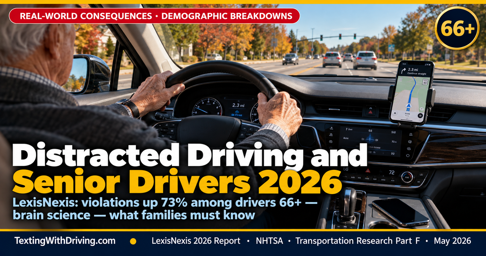 Distracted driving senior drivers 2026 older adult driver with hands on wheel and phone mounted showing LexisNexis 2026 Auto Insurance Trends Report finding that distracted driving violations among drivers aged 66 and older increased 73 percent since 2022 compared to 57 percent across all age groups with miles driven increasing only 2 percent confirming driver behavior not mileage is the cause and 2026 Transportation Research Part F study finding older adults show significantly longer braking times and increased vulnerability to cognitive distraction