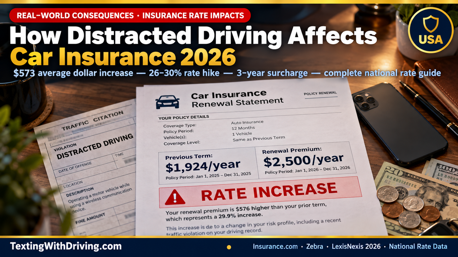 How Distracted Driving Affects Your Car Insurance 2026: Complete National Rate Guide 1 How distracted driving affects car insurance 2026 home desk with insurance renewal statement showing rate increase alongside distracted driving traffic citation showing Insurance.com data that a distracted driving ticket produces an average 30 percent rate increase and 576 dollar annual premium increase with national average full coverage premium of 2637 dollars in 2026 and LexisNexis 2026 Auto Insurance Trends Report showing bodily injury costs rose from less than 20 percent to more than 26 percent of all auto insurance claim dollars between 2022 and 2025 driven by the 57 percent increase in distracted driving violations