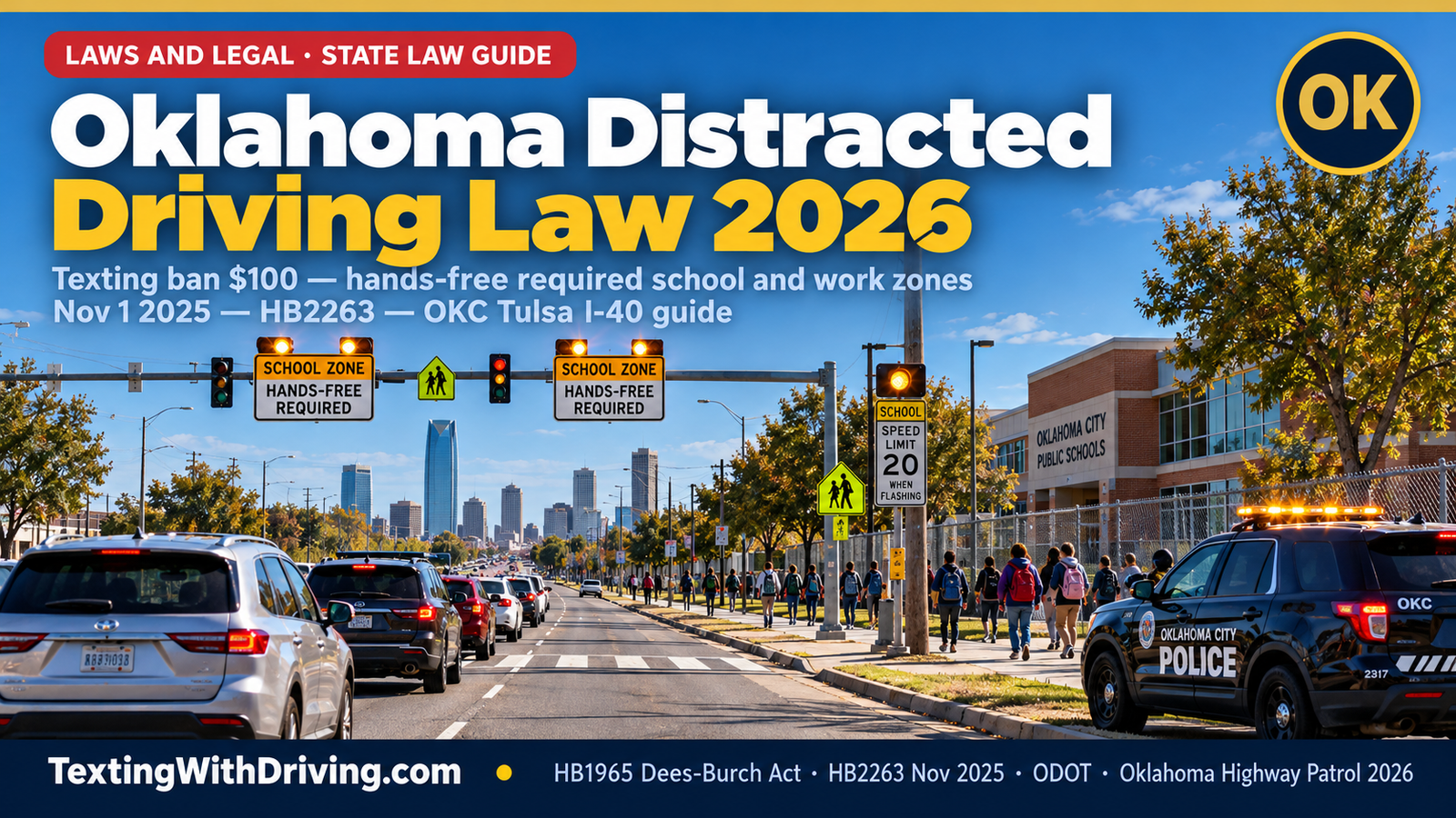 Oklahoma Distracted Driving Law 2026: Texting Ban, HB2263 School Zone Rule and What Every Driver Must Know 1 Oklahoma distracted driving law 2026 school zone with flashing amber signs and OKCPD cruiser showing Oklahoma texting ban as primary offense with 100 dollar fine under HB1965 Trooper Nicholas Dees and Keith Burch Act of 2015 and HB2263 signed into law effective November 1 2025 prohibiting handheld cell phone use in active school zones and construction work zones with penalties mirroring the texting ban and ODOT reporting 250 fatalities and 8000 injuries from distracted driving between 2017 and 2021
